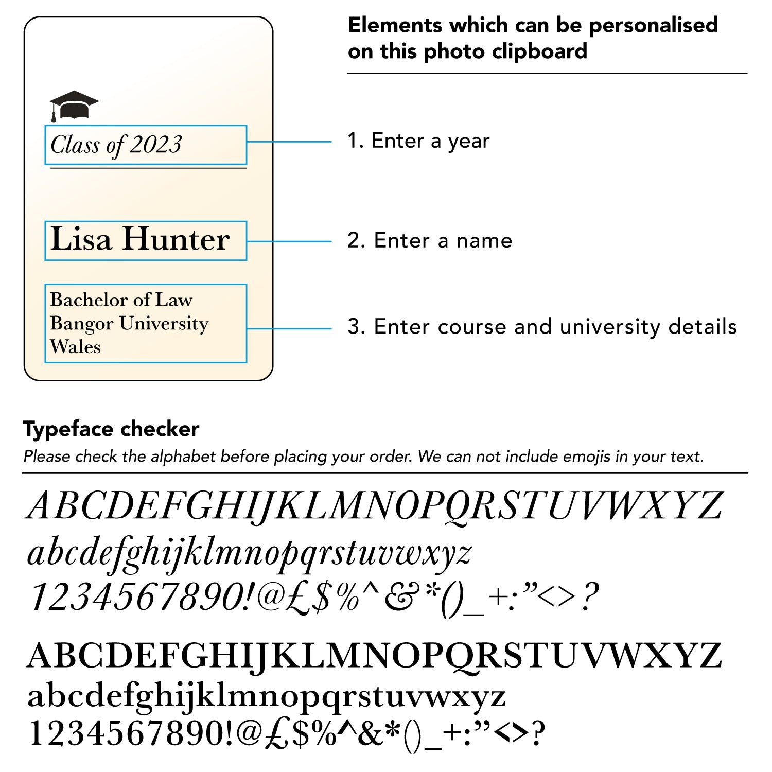 Personalised graduation photo clipboard frame. Gift for college university students