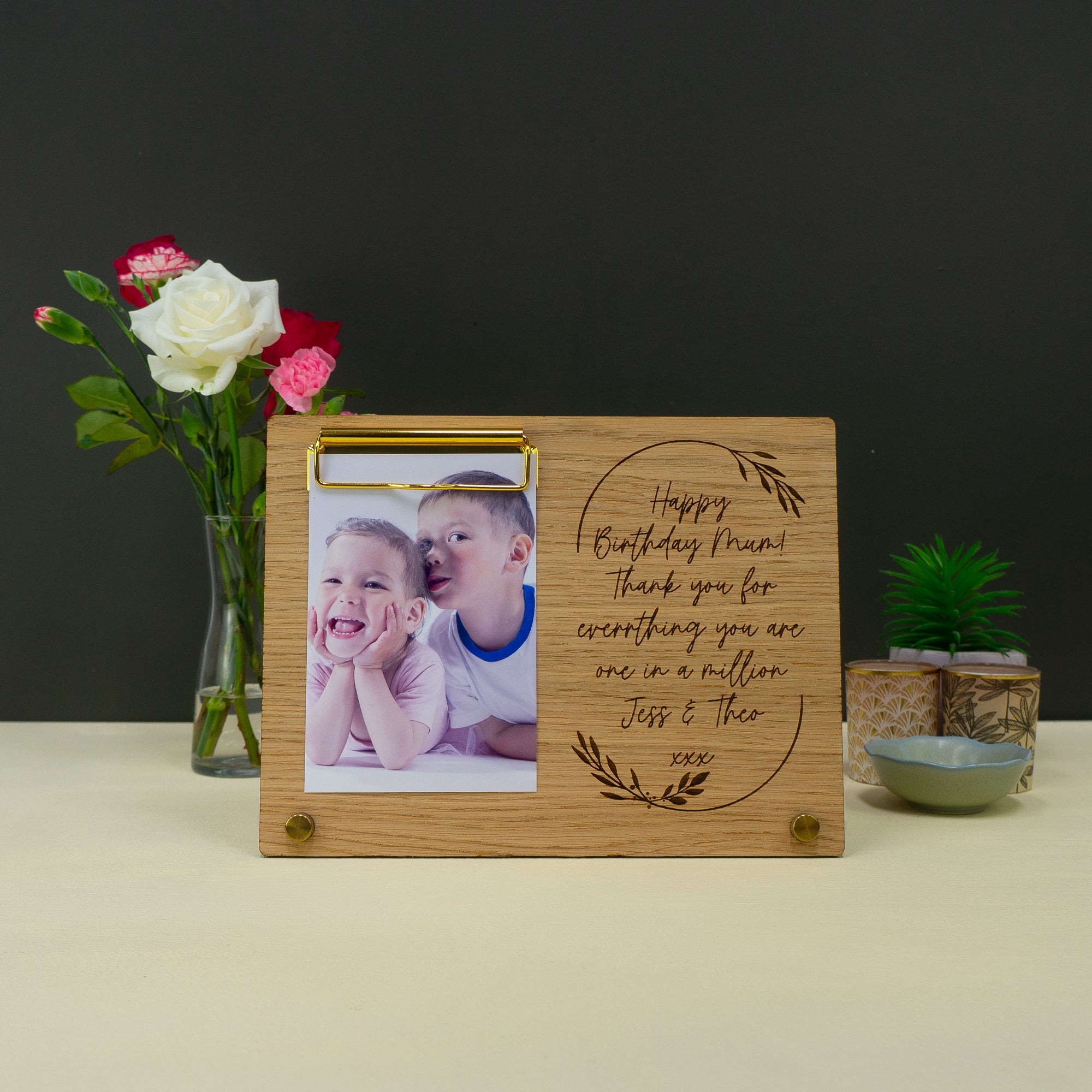 Personalised photo clipboard frame. Add your own text message floral plaque