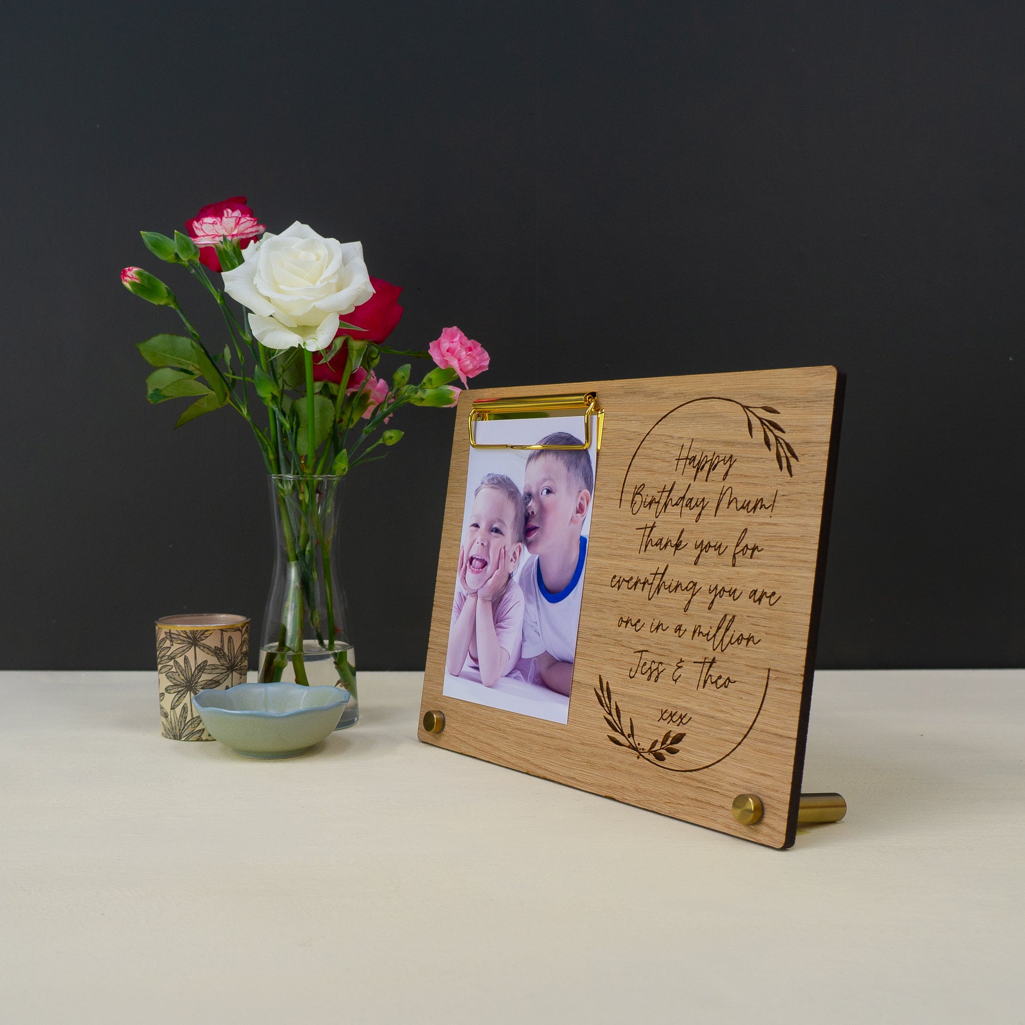 Personalised photo clipboard frame. Add your own text message floral plaque