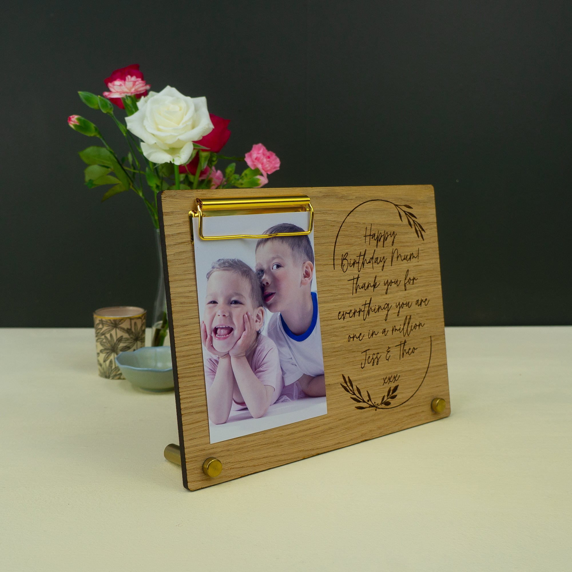 Personalised photo clipboard frame. Add your own text message floral plaque