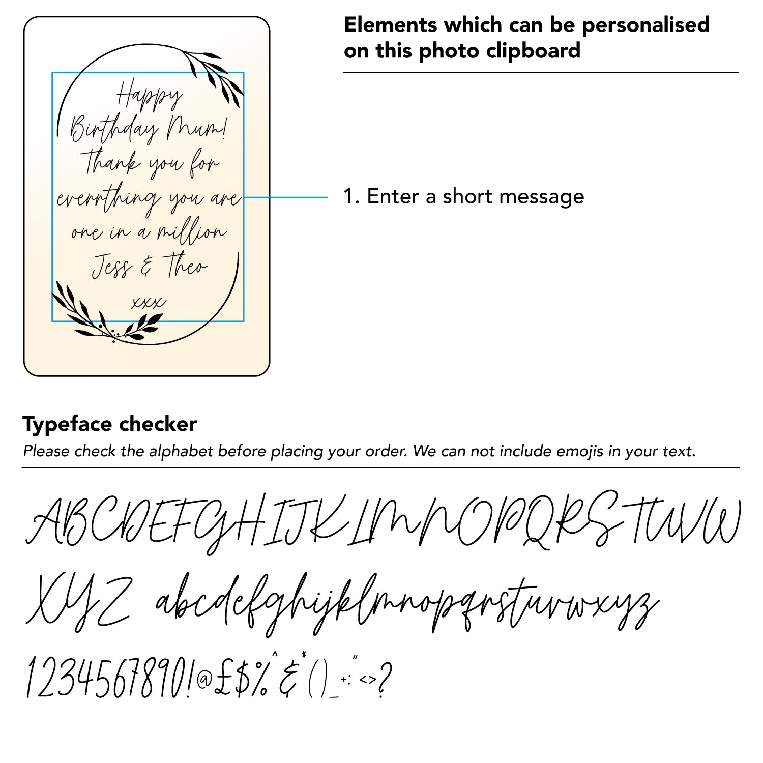 Personalised photo clipboard frame. Add your own text message floral plaque