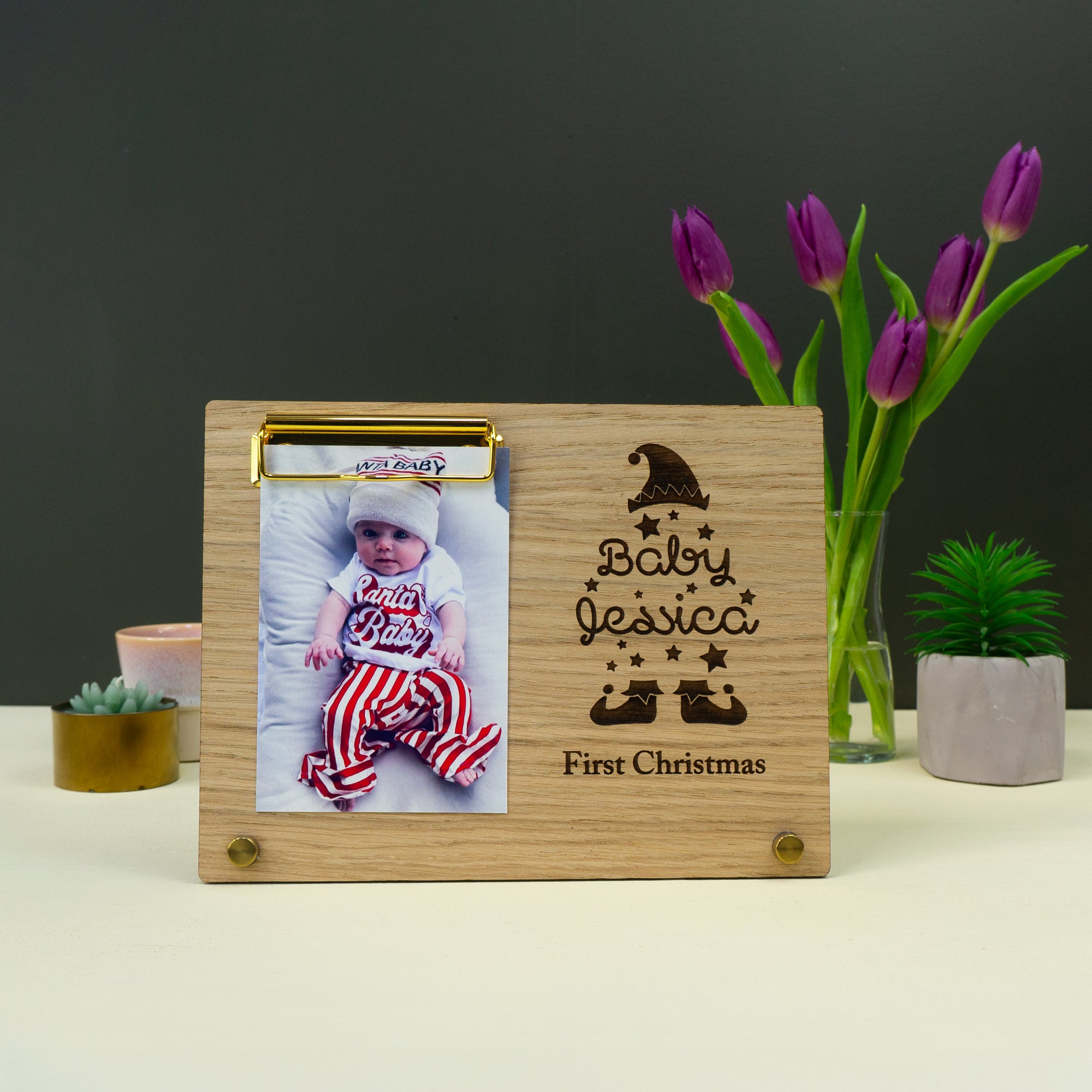 Custom made first Christmas photo frame. Personalised engraved picture frame for new born baby