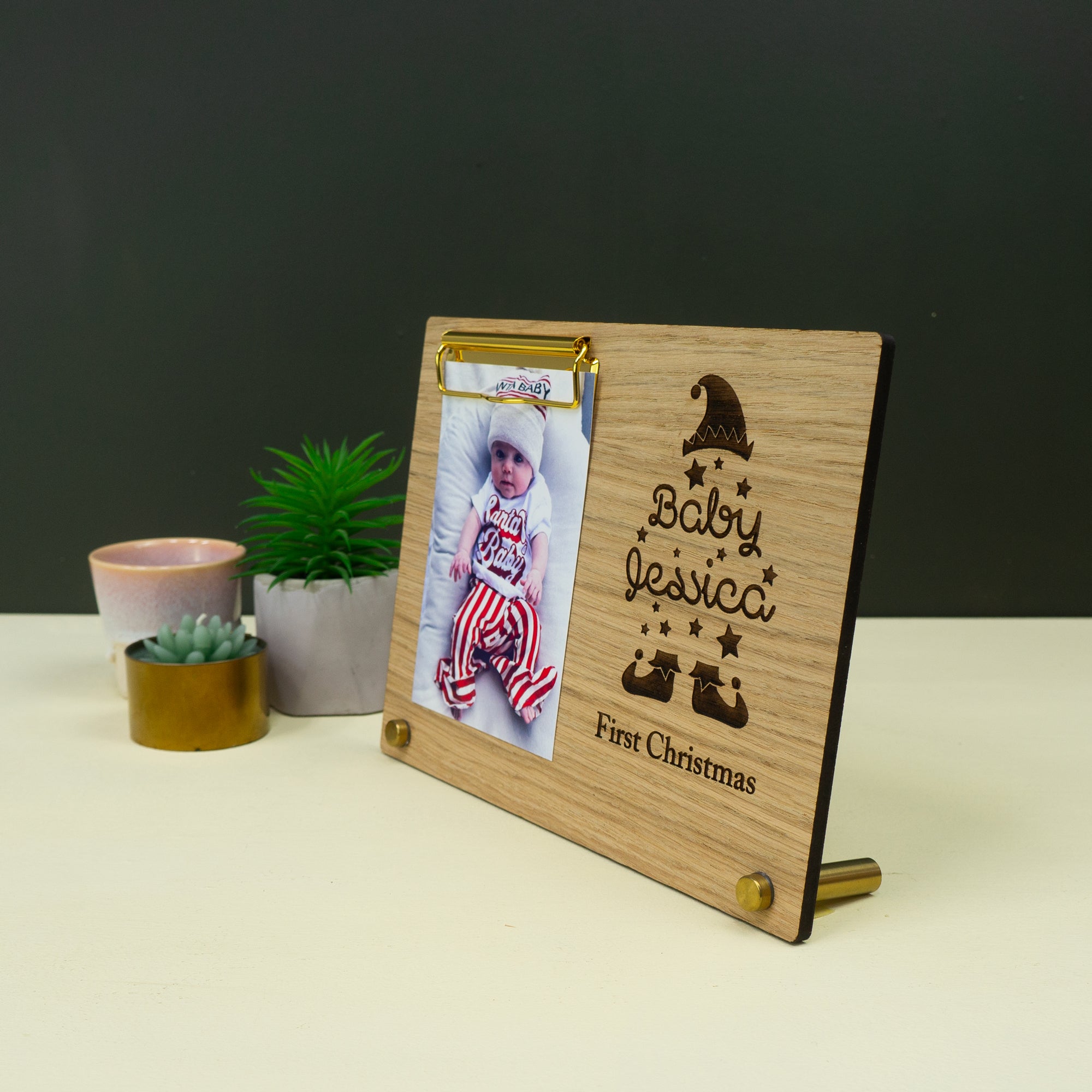 Custom made first Christmas photo frame. Personalised engraved picture frame for new born baby