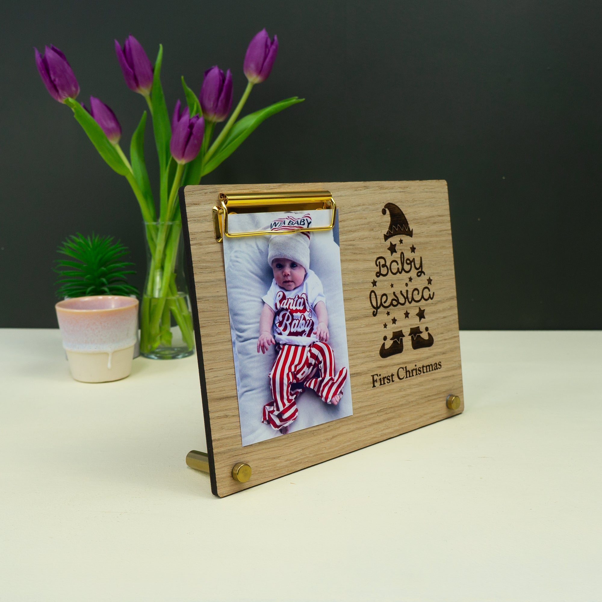 Custom made first Christmas photo frame. Personalised engraved picture frame for new born baby