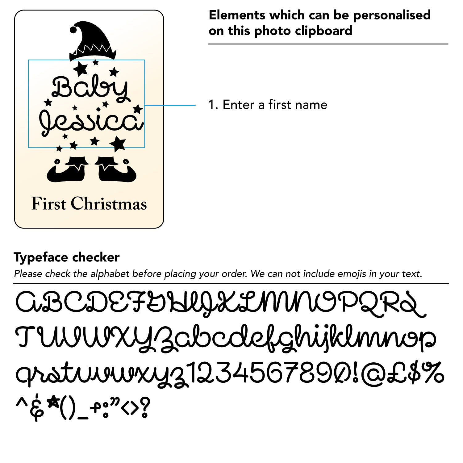 Custom made first Christmas photo frame. Personalised engraved picture frame for new born baby