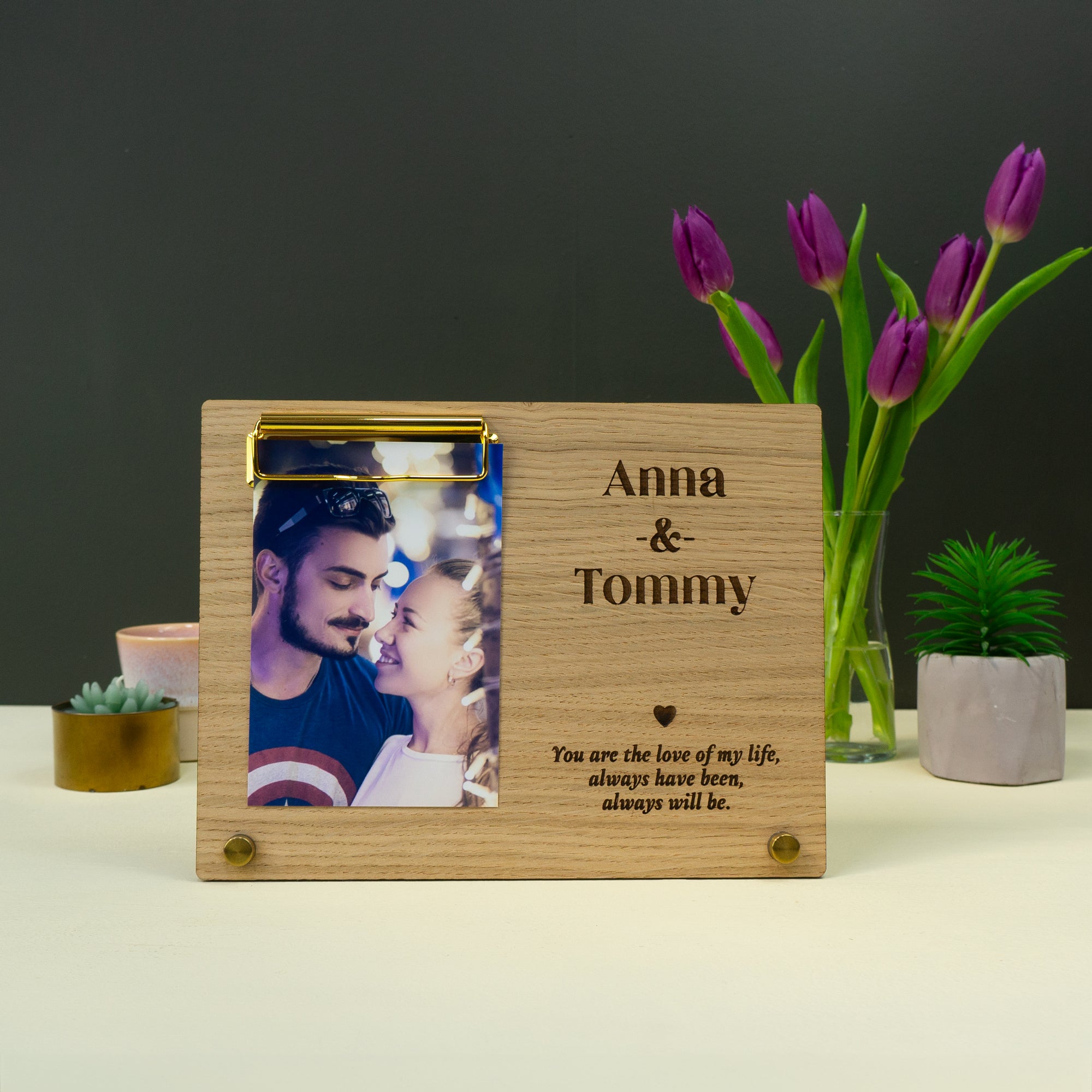 Custom anniversary photo frame. Personalised freestanding picture display stand