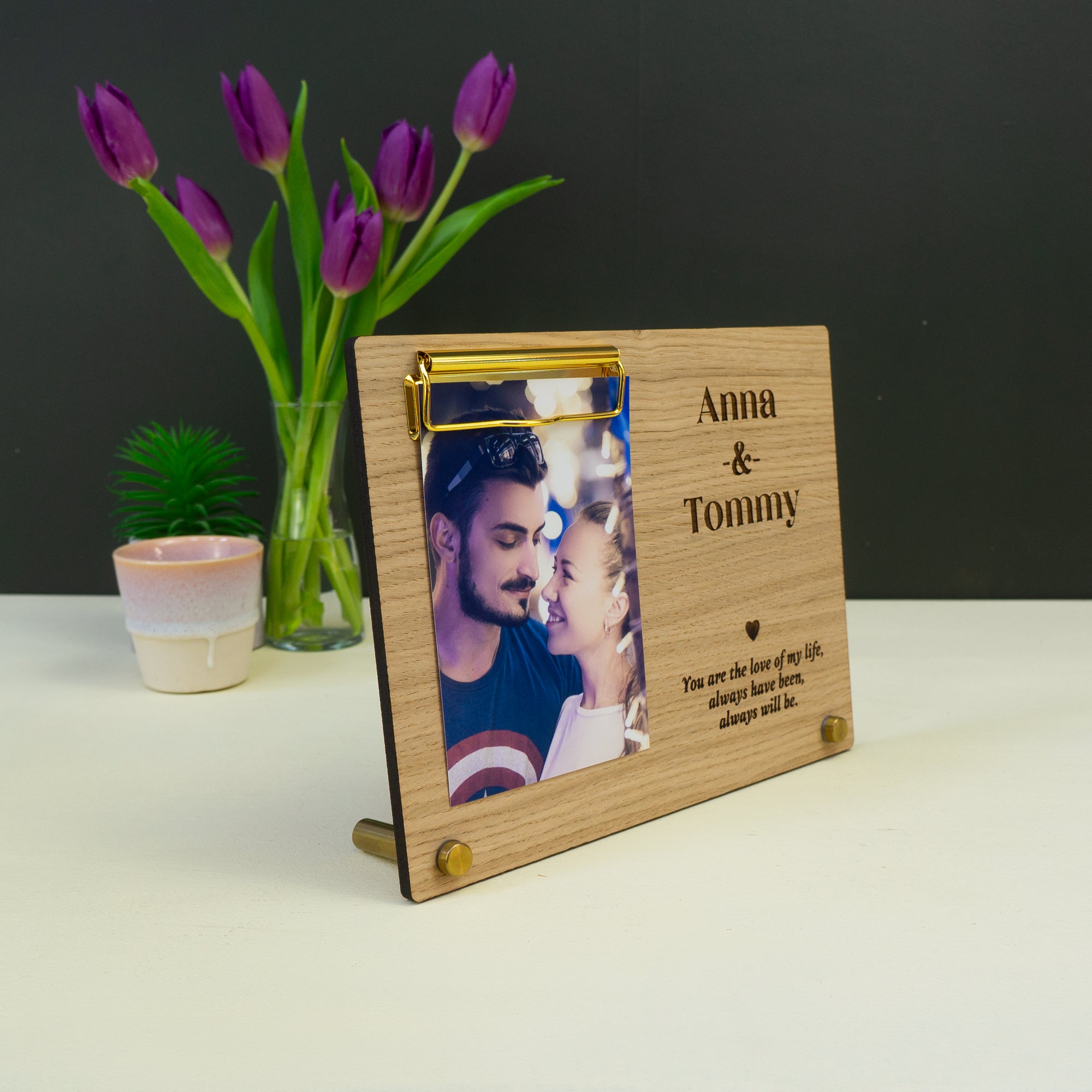 Custom anniversary photo frame. Personalised freestanding picture display stand
