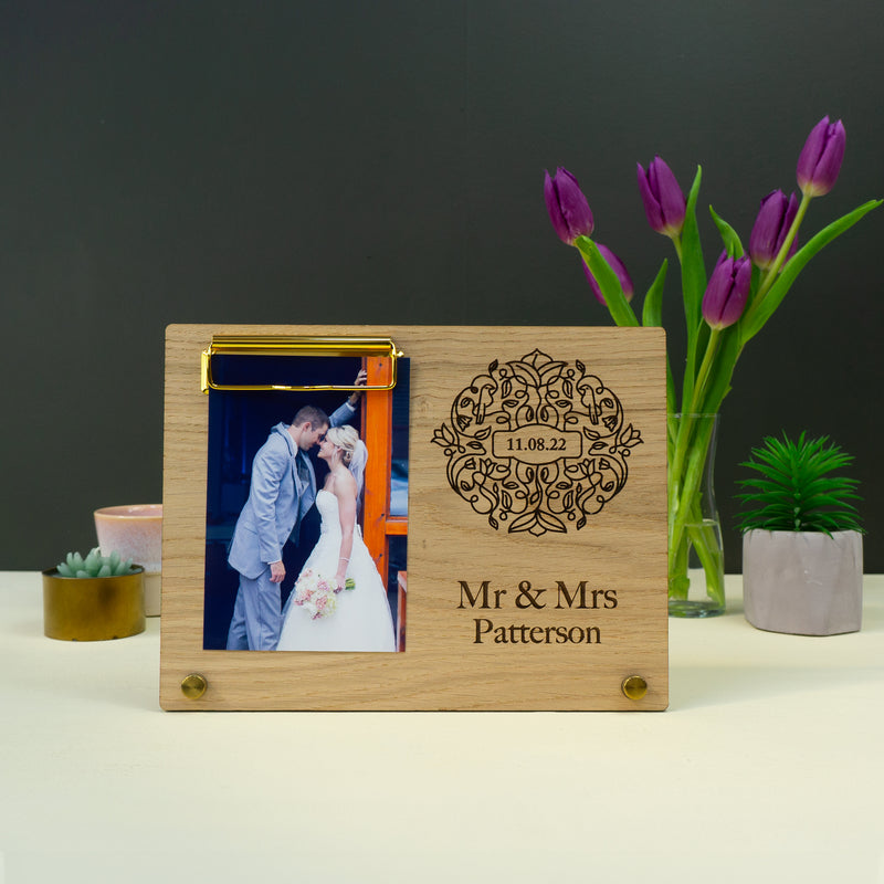 Custom wedding wooden photo frame. Custom engraved freestanding picture display board for newly wed couples