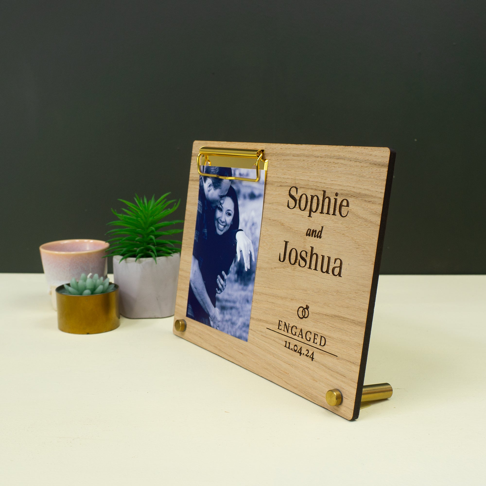 Custom engagement photo frame. Personalised picture frame 4 x 6' photo display stand