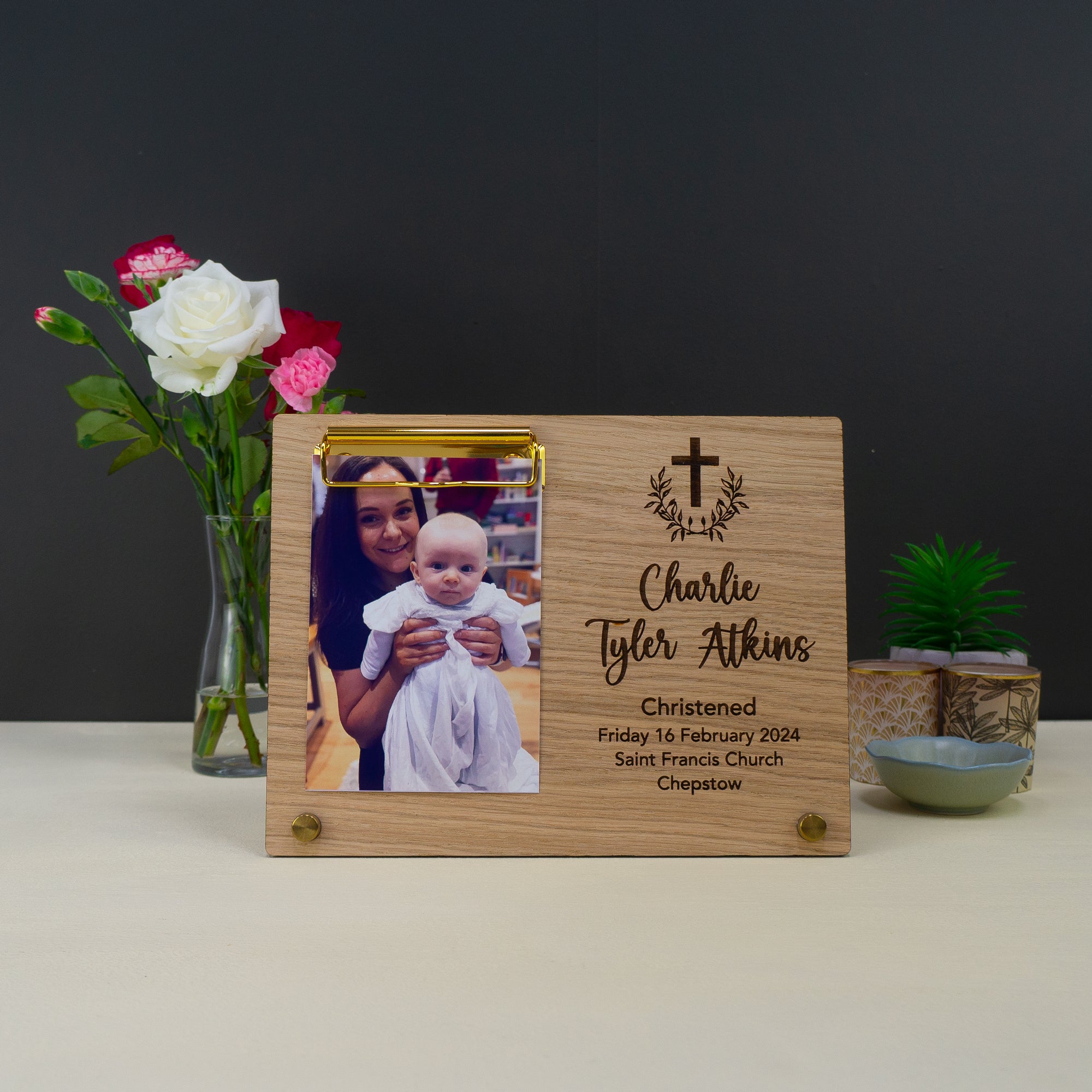 Custom made christening photo frame. Personalised baptism keepsake photo gift