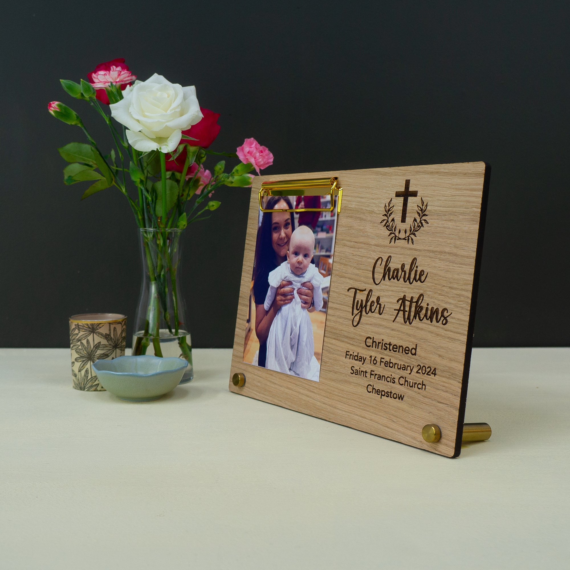 Custom made christening photo frame. Personalised baptism keepsake photo gift
