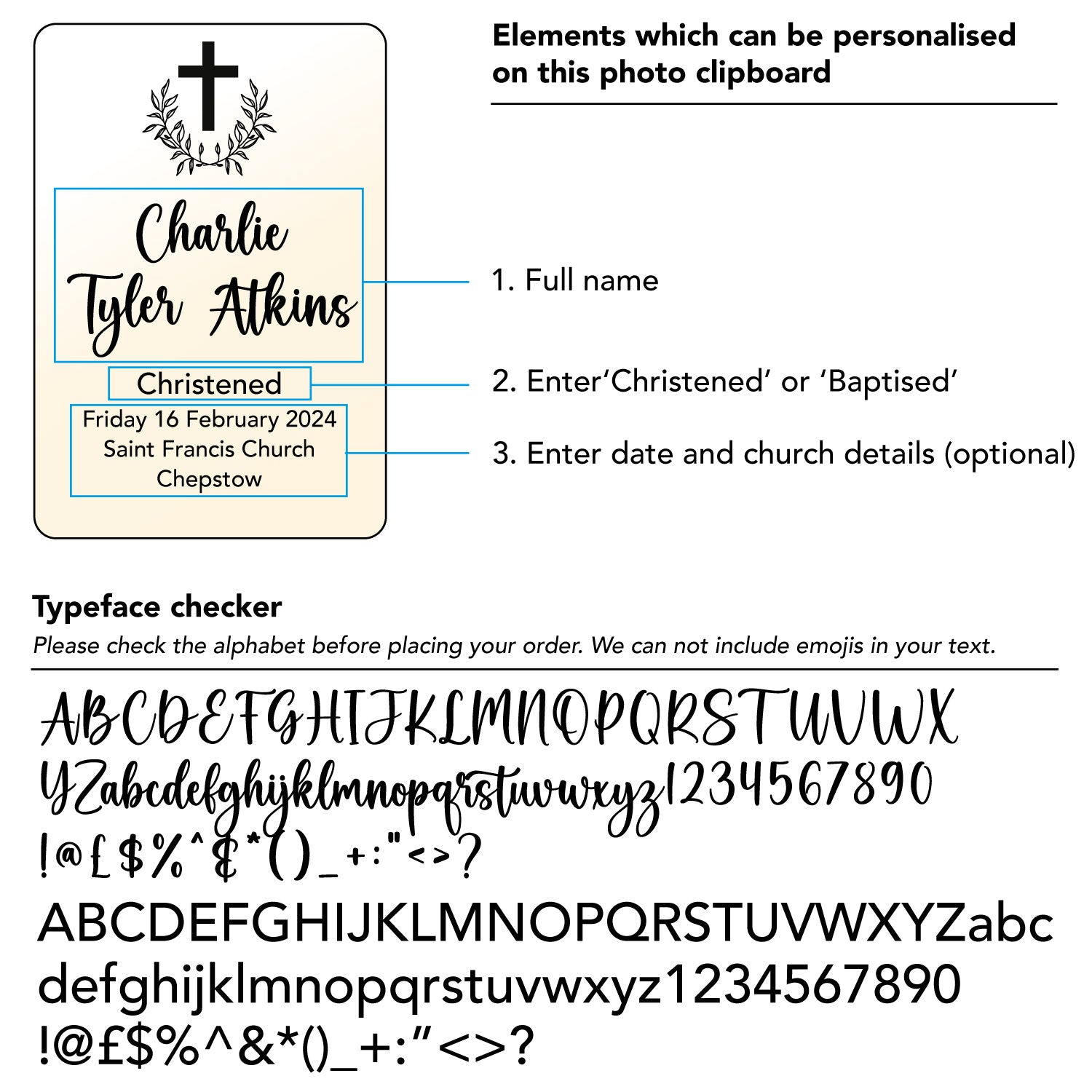 Custom made christening photo frame. Personalised baptism keepsake photo gift