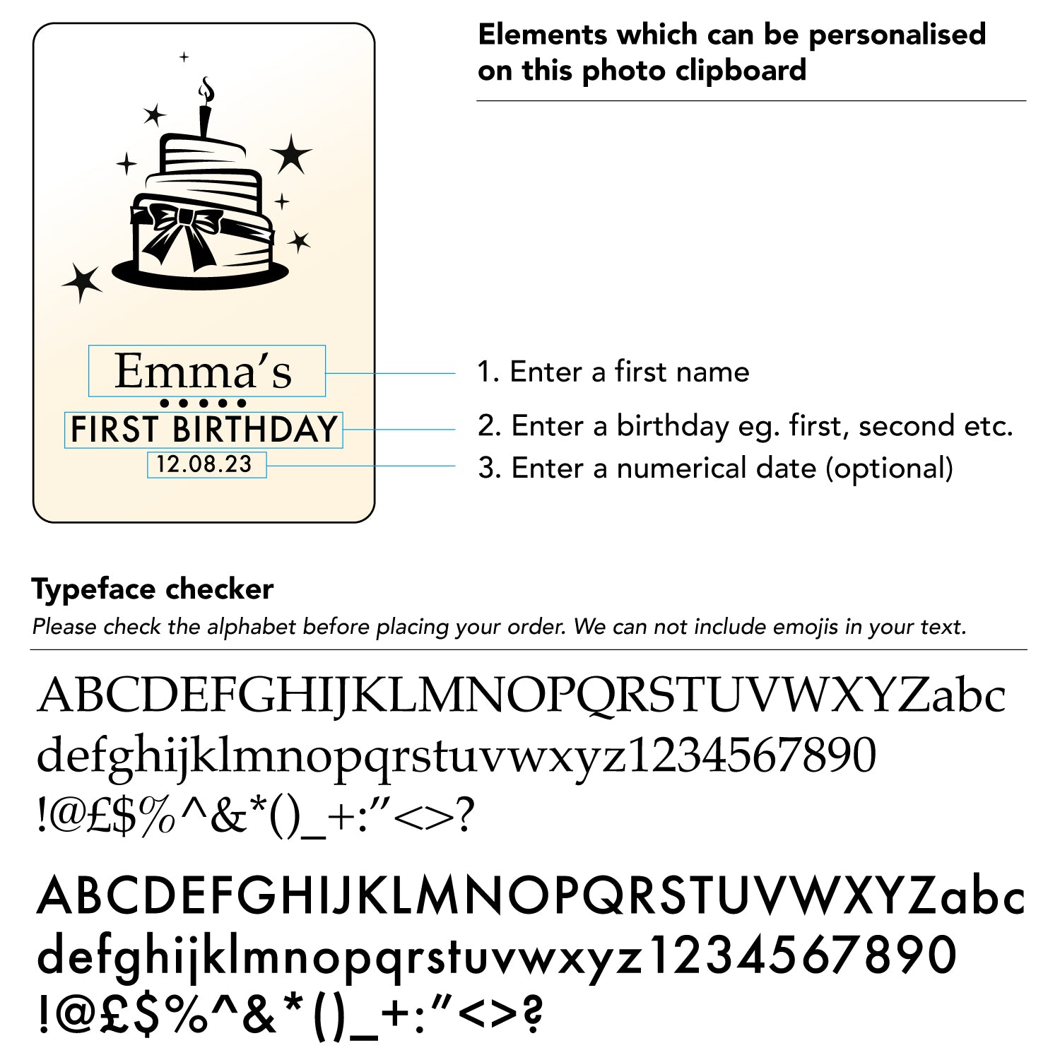 Personalised first birthday photo frame. Personalised child celebration gift