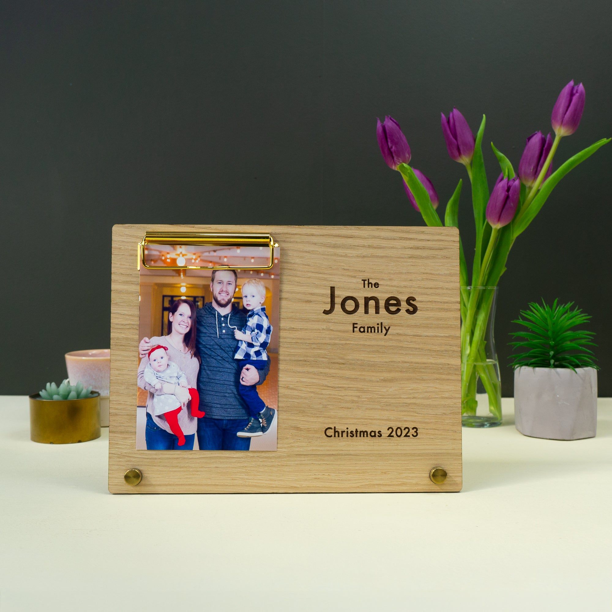Personalised family photo frame. Custom engraved wooden freestanding photograph display