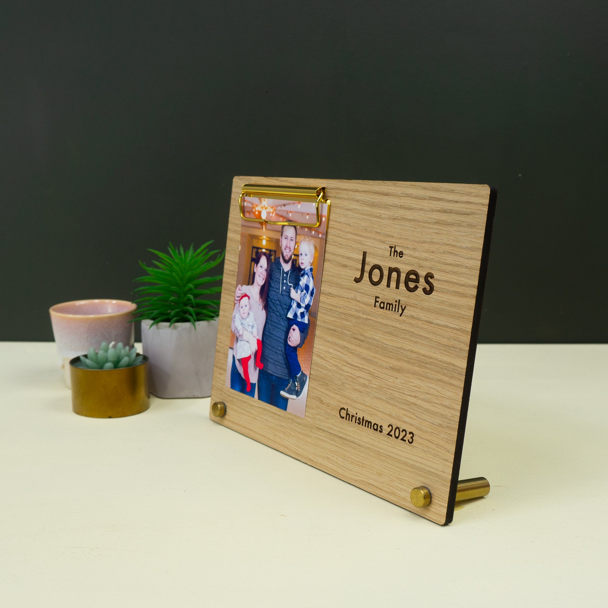Personalised family photo frame. Custom engraved wooden freestanding photograph display