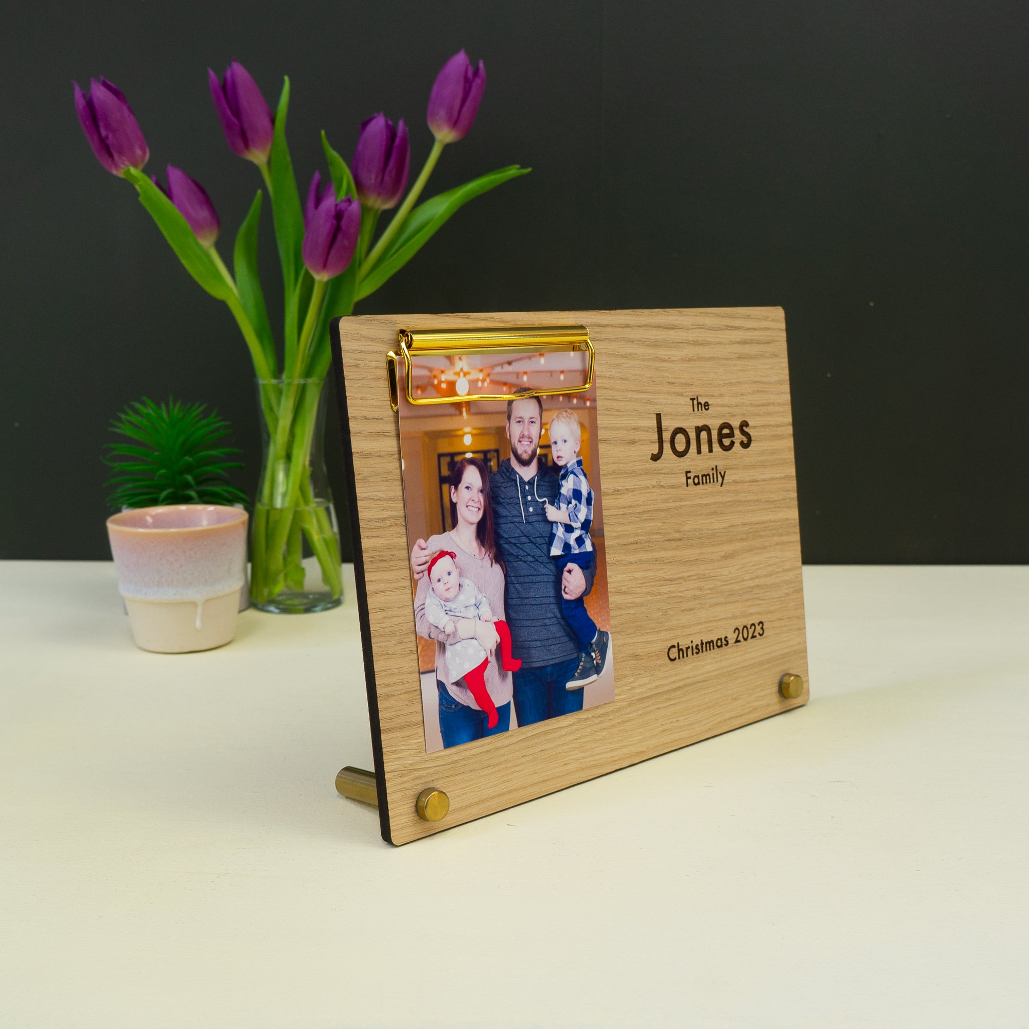 Personalised family photo frame. Custom engraved wooden freestanding photograph display