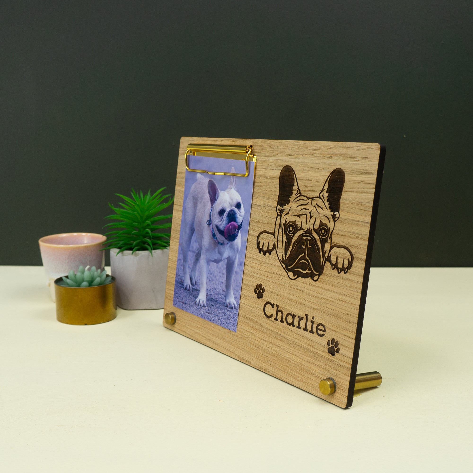 Personalised dog wooden photo frame. Custom made gift for dog owners