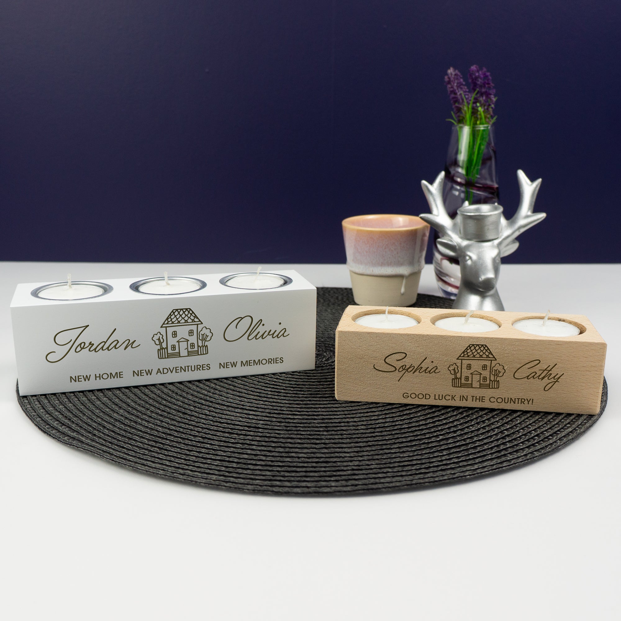 Personalised house warming gifts. Engraved candle holder