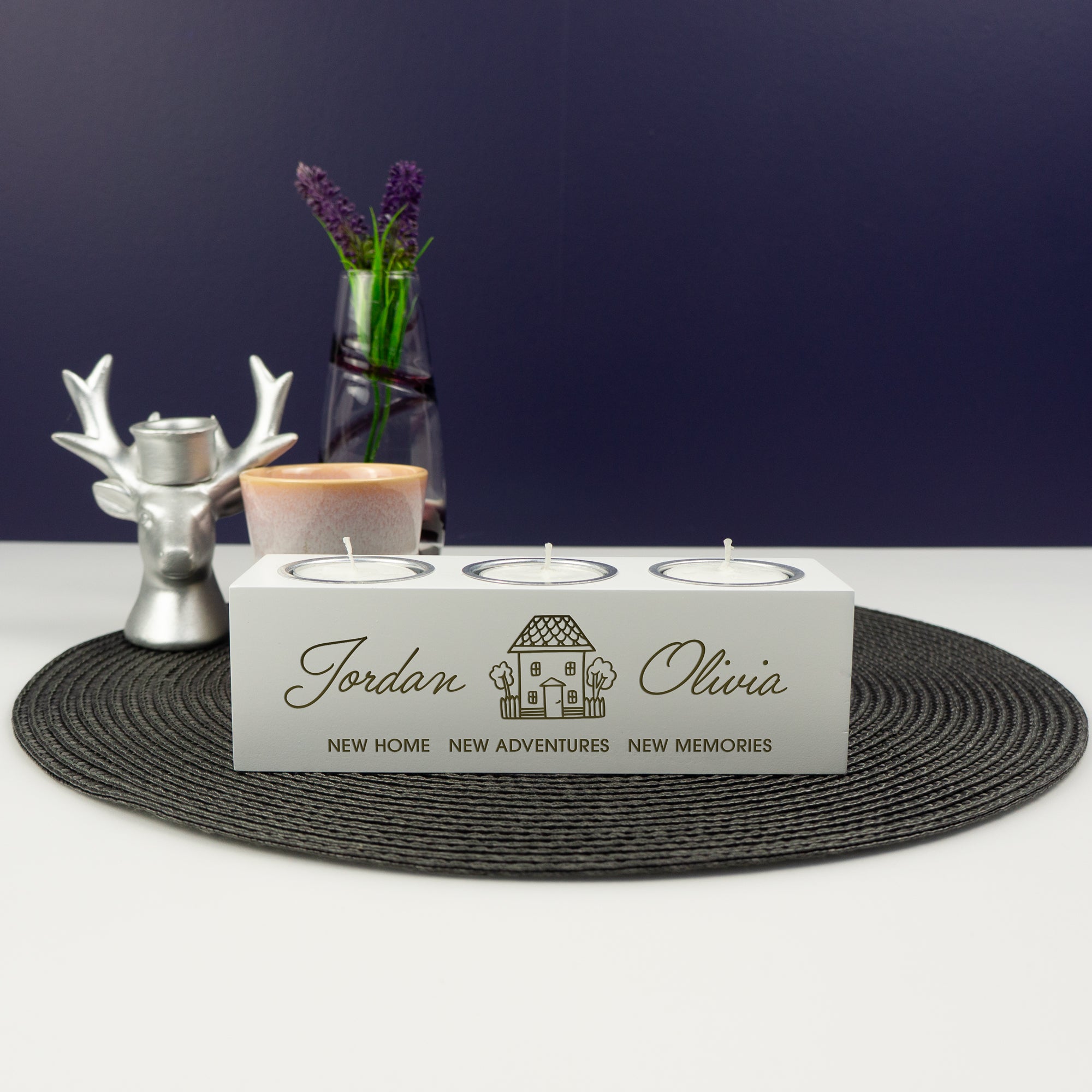 Personalised house warming gifts. Engraved candle holder