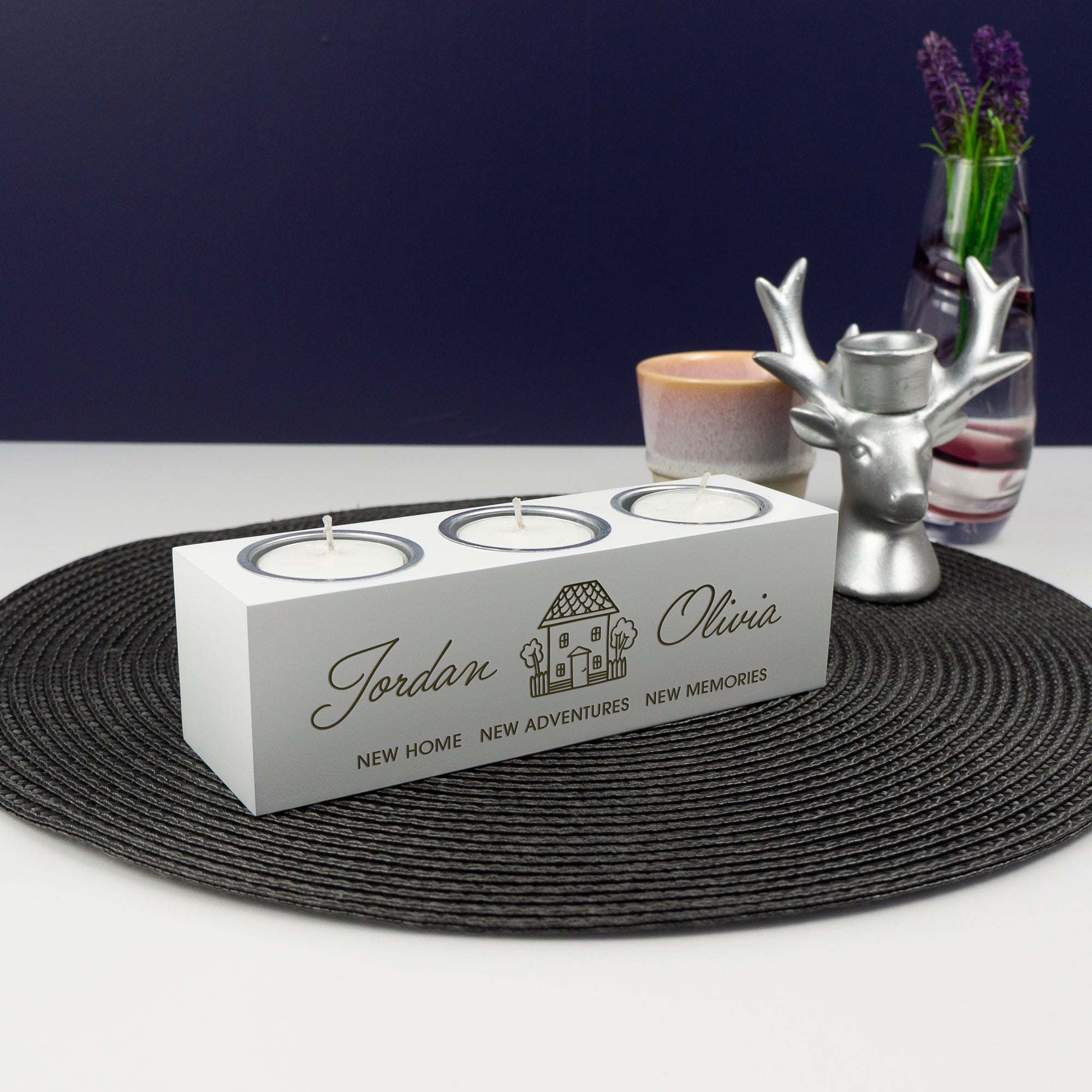 Personalised house warming gifts. Engraved candle holder