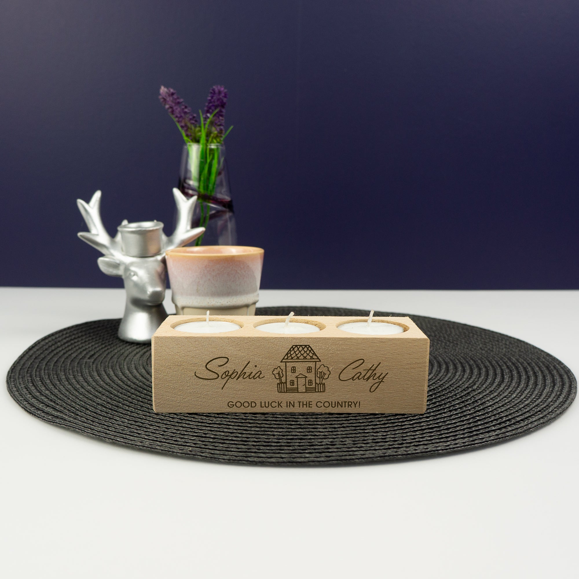 Personalised house warming gifts. Engraved candle holder