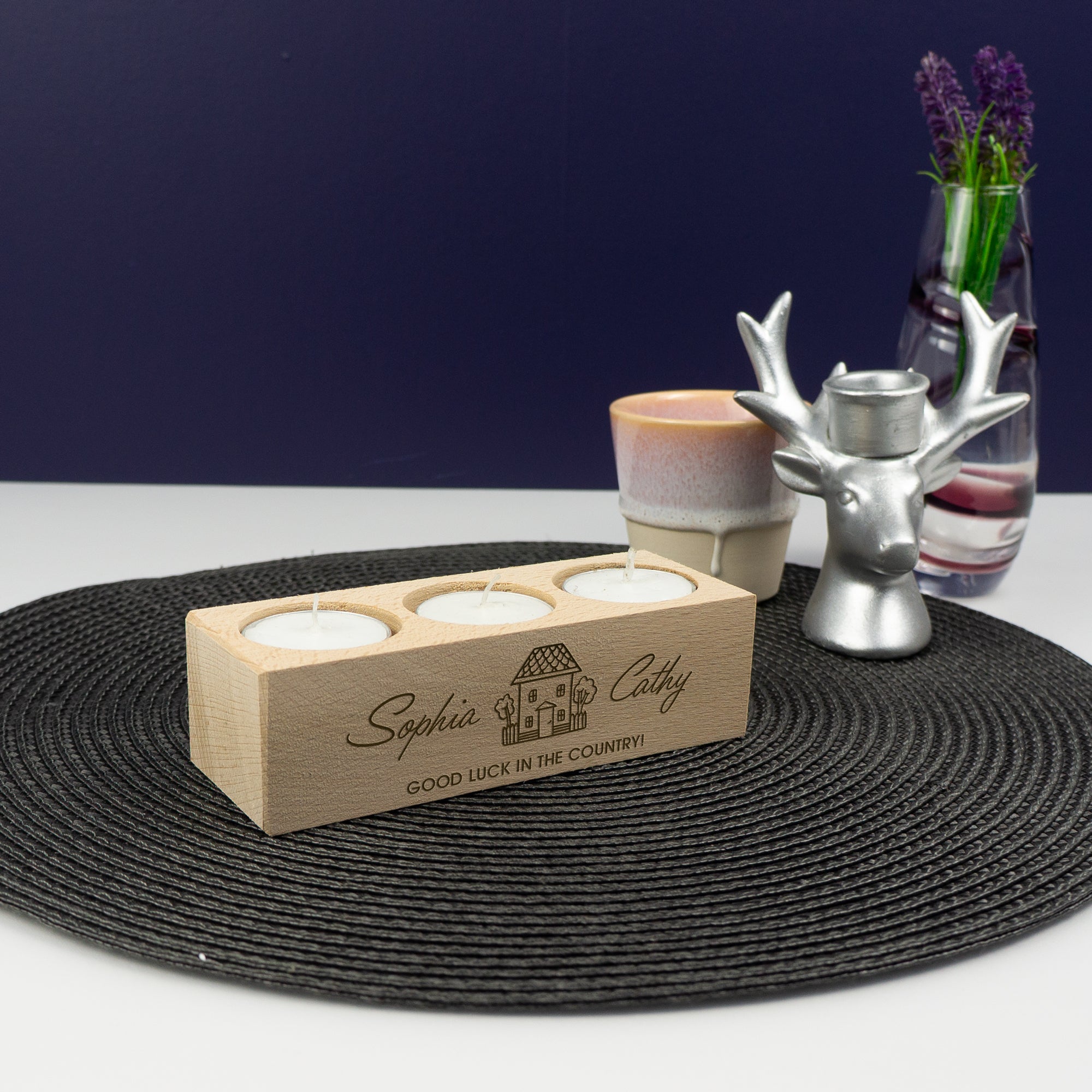 Personalised house warming gifts. Engraved candle holder