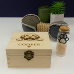 Personalised dog memorial box. Pet dog loss gift. Custom engraved memory box with fur keepsake bottle.