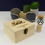 Personalised dog memorial box. Pet dog loss gift. Custom engraved memory box with fur keepsake bottle.