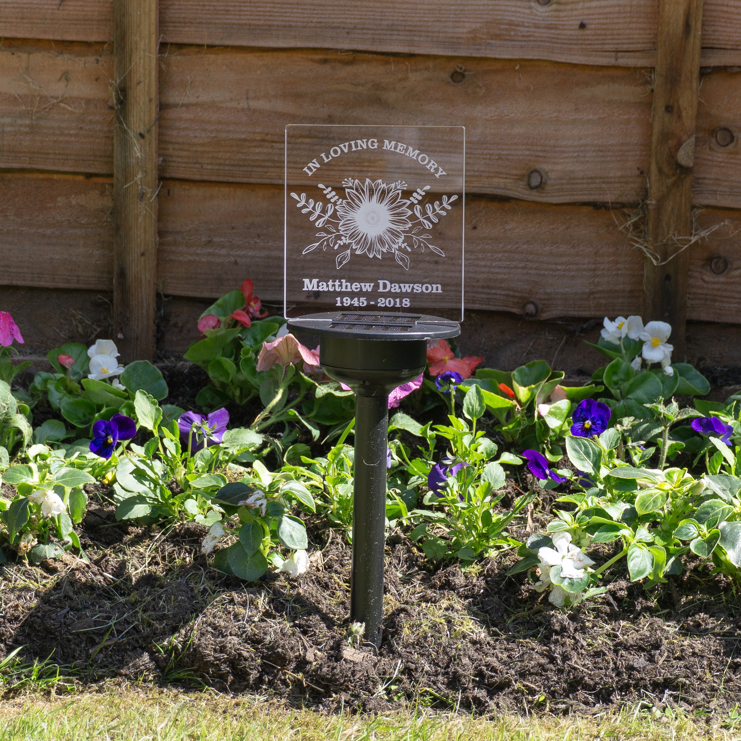 Condolence gift custom memorial sign. Solar powered multi coloured LED personalised name plaque