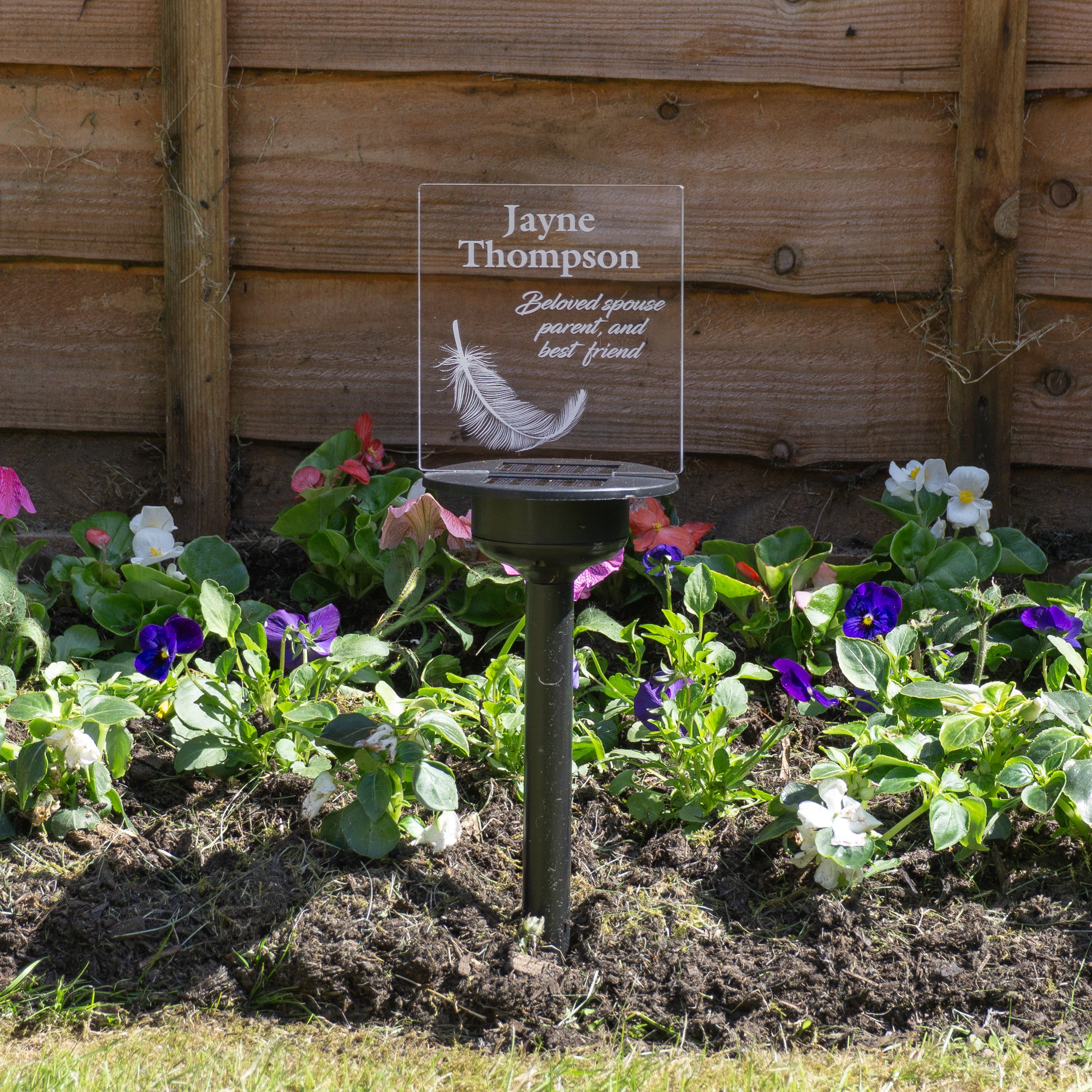 Custom graveside light up LED name plaque. Solar powered multi colour garden cemetery remembrance decor.