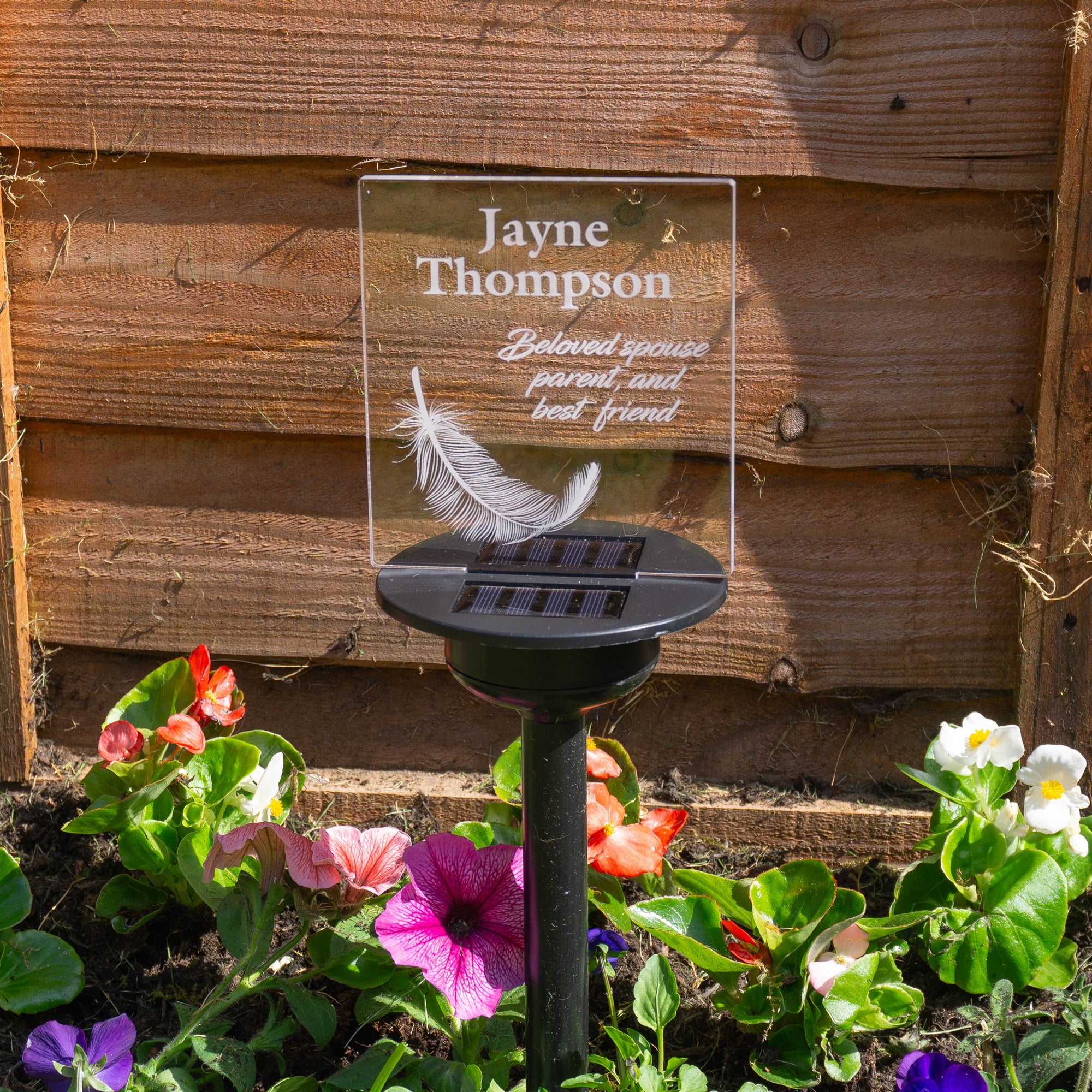 Custom graveside light up LED name plaque. Solar powered multi colour garden cemetery remembrance decor.