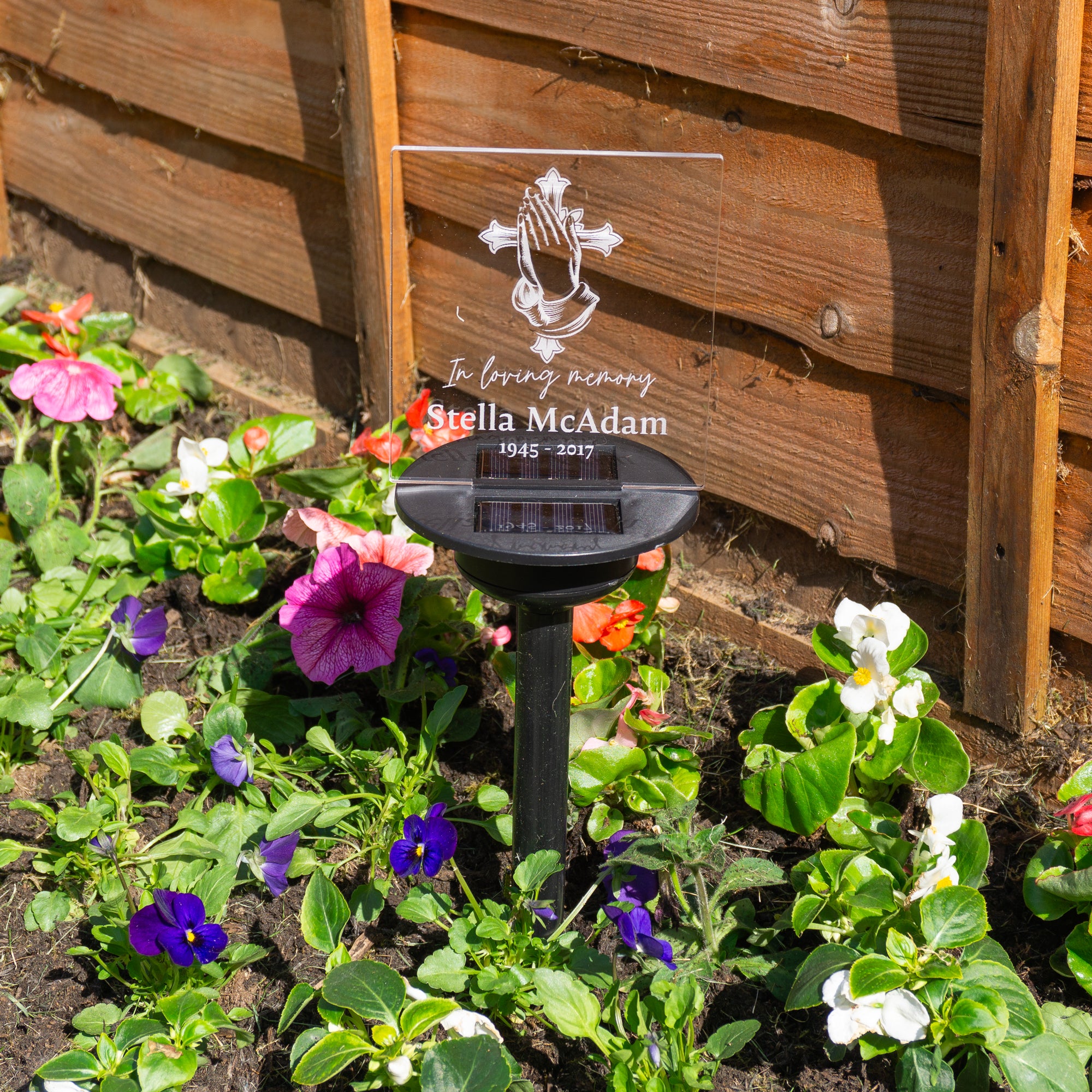 Christian cross memorial plaque Personalised solar powered outdoor LED sign