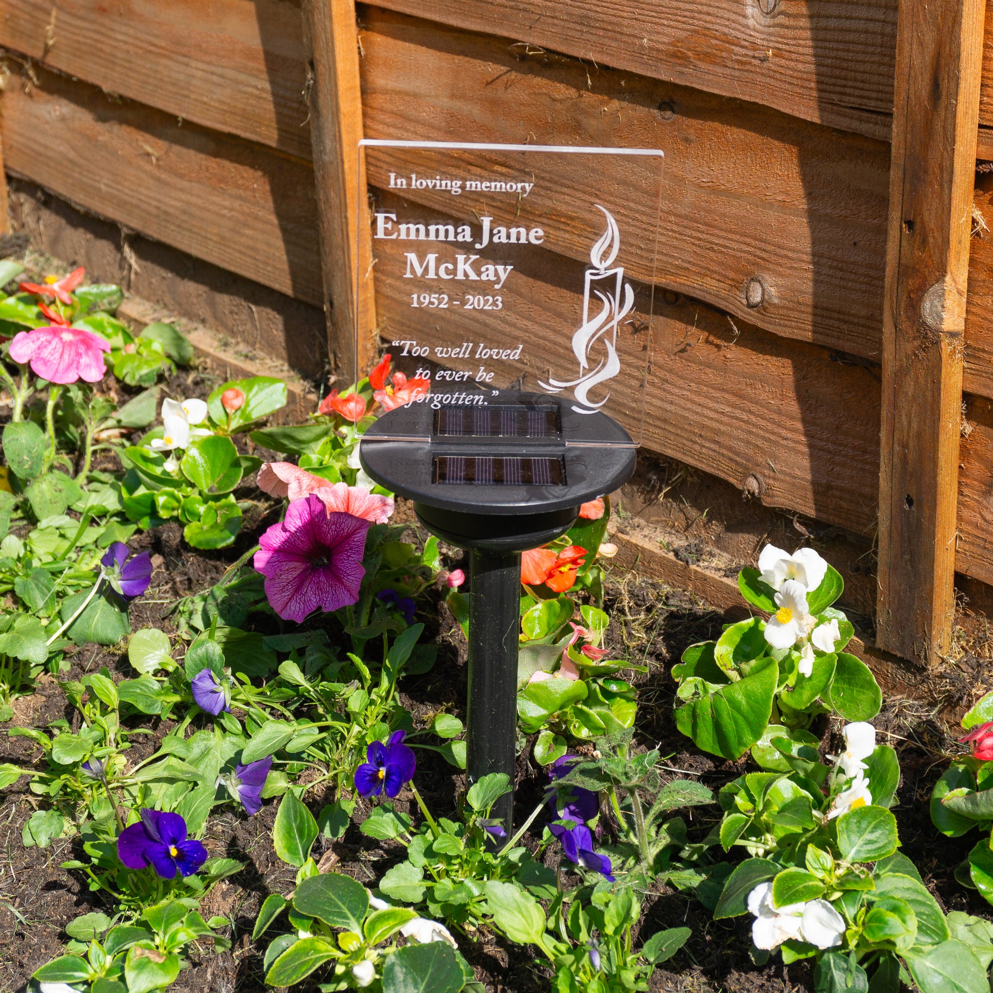 Condolence gift Thinking of you memorial present. Solar powered personalised LED garden name plaque sign