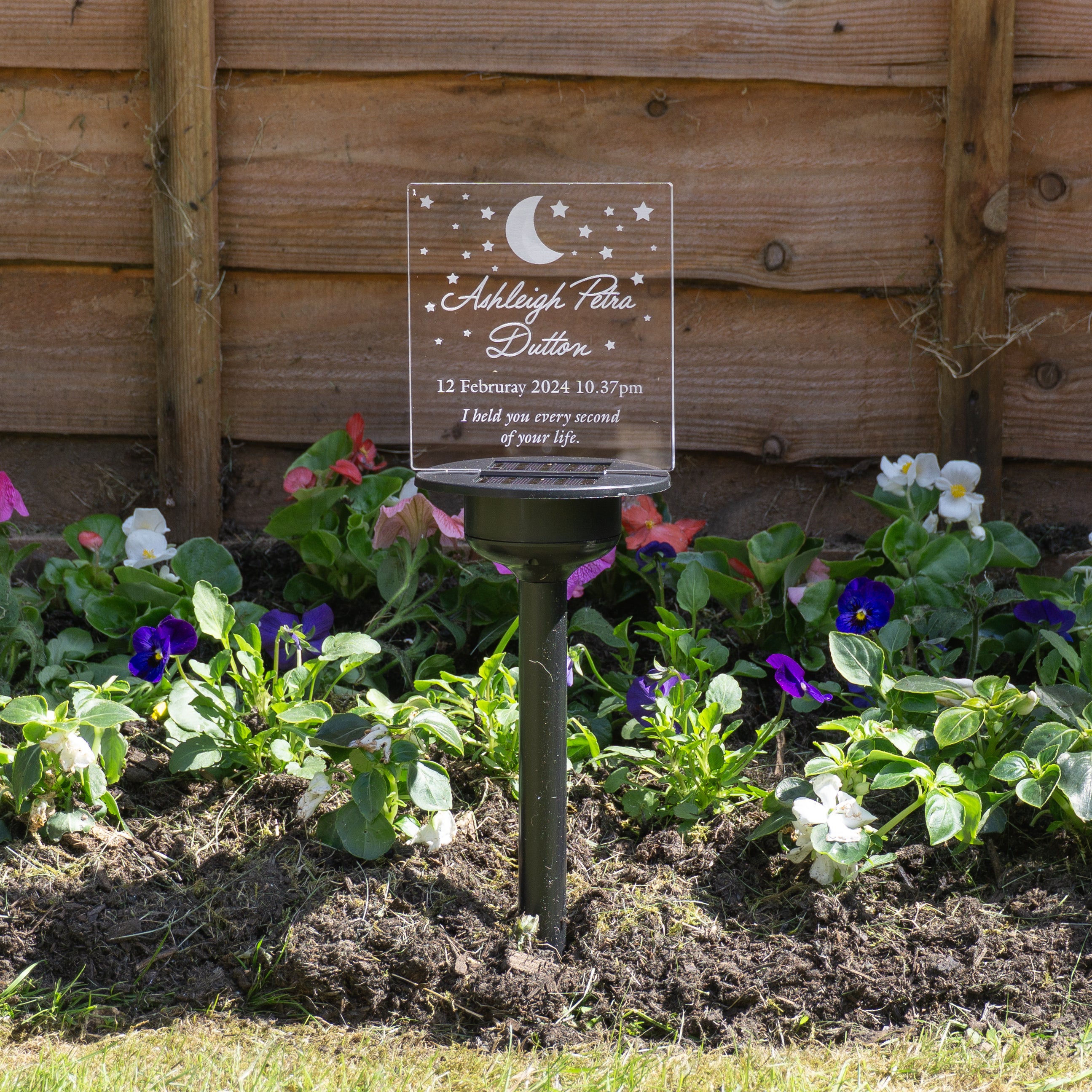 Child loss born sleeping remembrance gift. Solar powered light up outdoor LED sign for memory garden. Graveside cemetery decoration