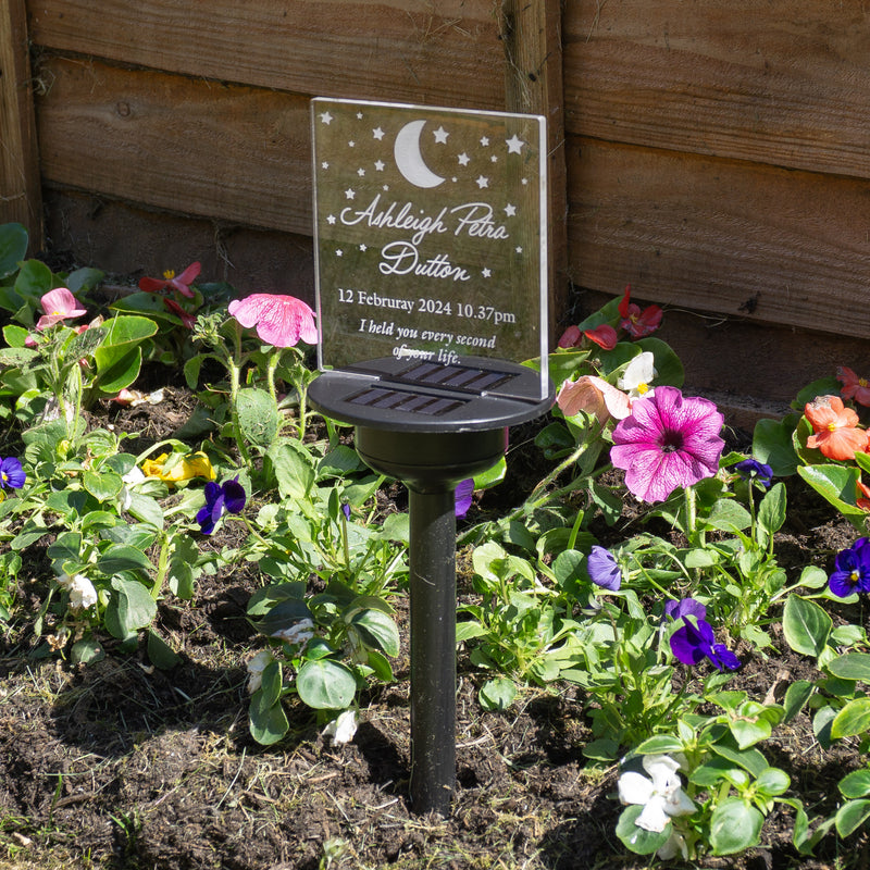 Child loss born sleeping remembrance gift. Solar powered light up outdoor LED sign for memory garden. Graveside cemetery decoration