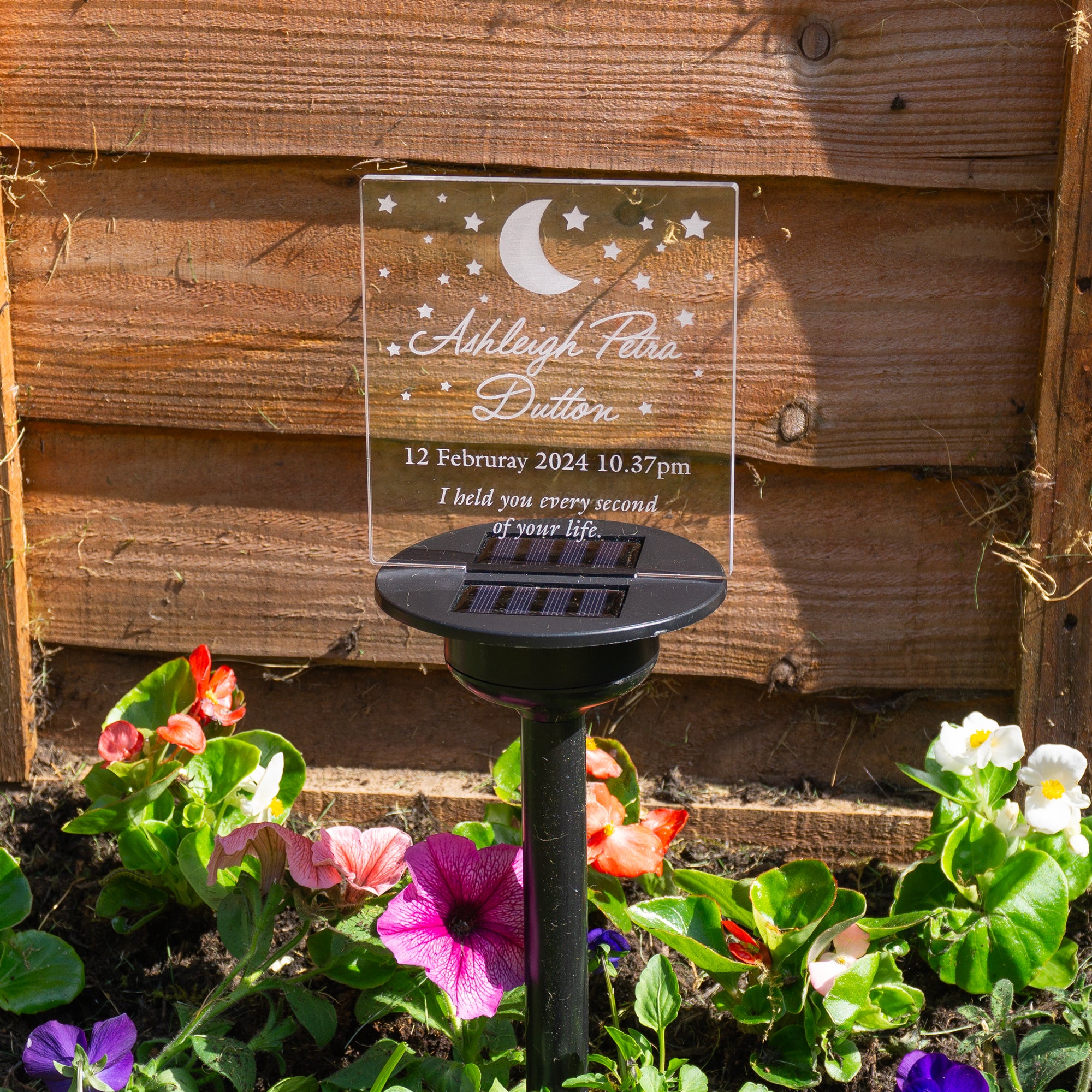Child loss born sleeping remembrance gift. Solar powered light up outdoor LED sign for memory garden. Graveside cemetery decoration