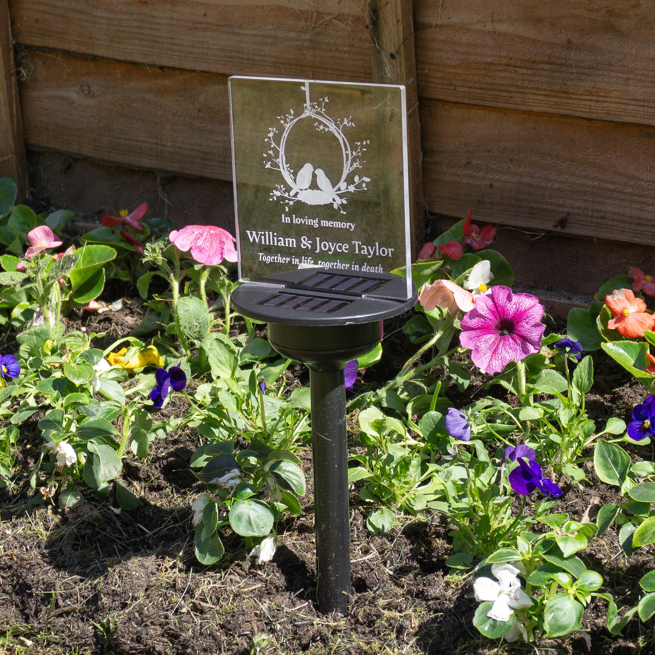 Custom memorial plaque for parents or grandparents. Personalised solar power garden graveside light up sign. in memory of, condolence gift