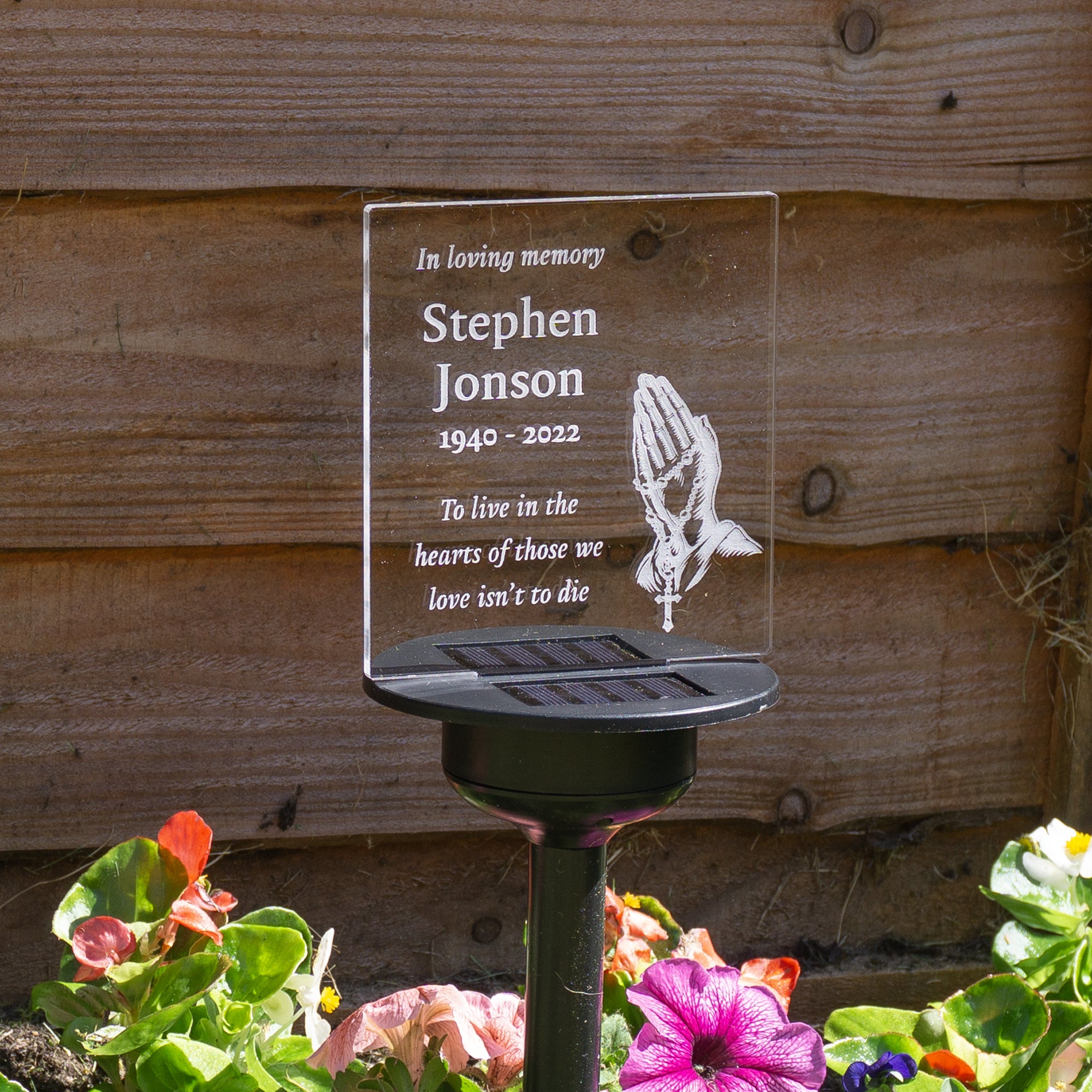 Catholic praying hands with rosary beads memorial LED sign Personalised solar powered outdoor LED name plaque