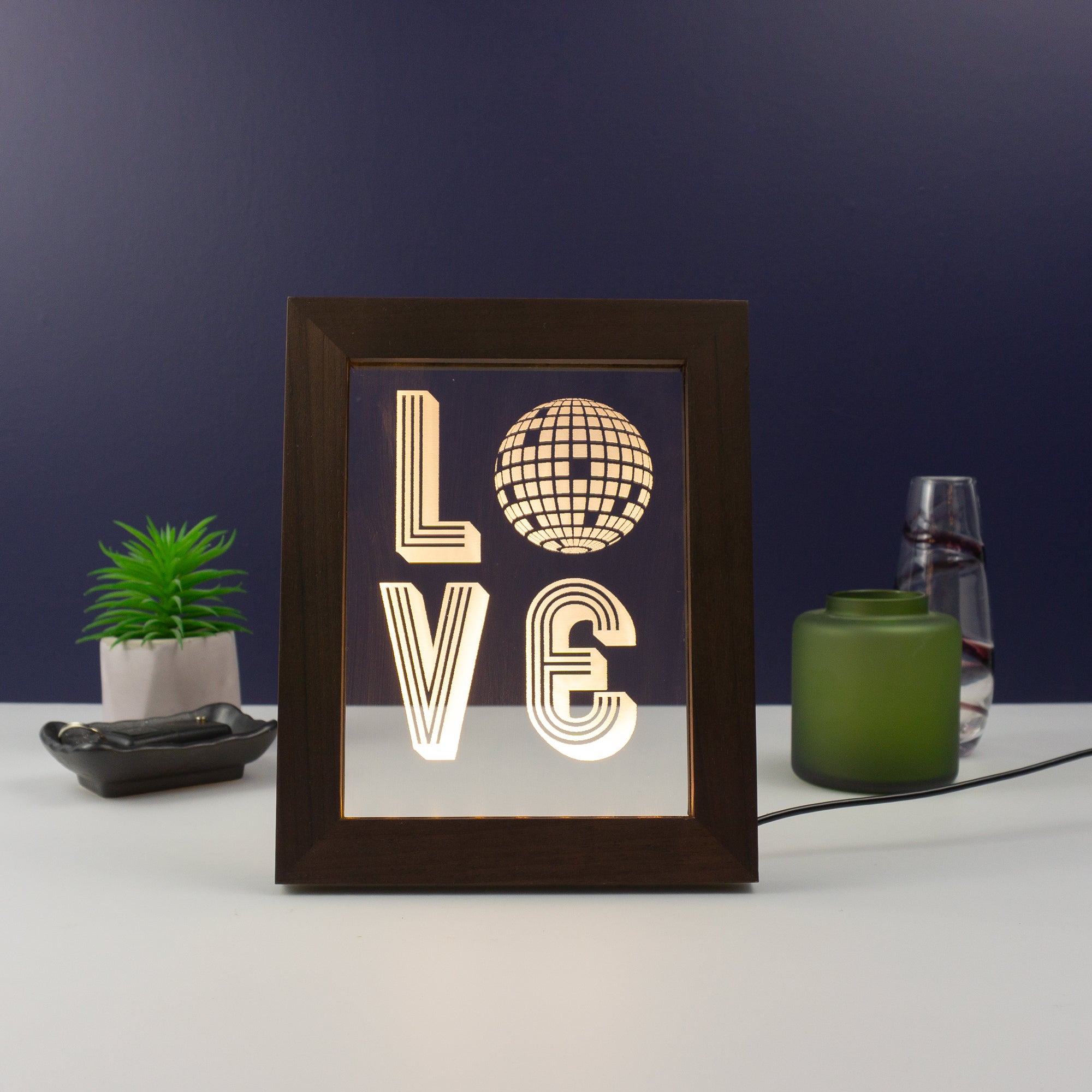 Funny framed artwork LED sign. Mirror disco ball love. Retro typography graphic design art