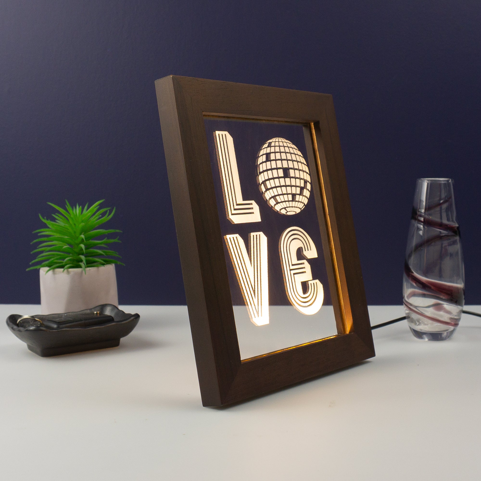 Funny framed artwork LED sign. Mirror disco ball love. Retro typography graphic design art