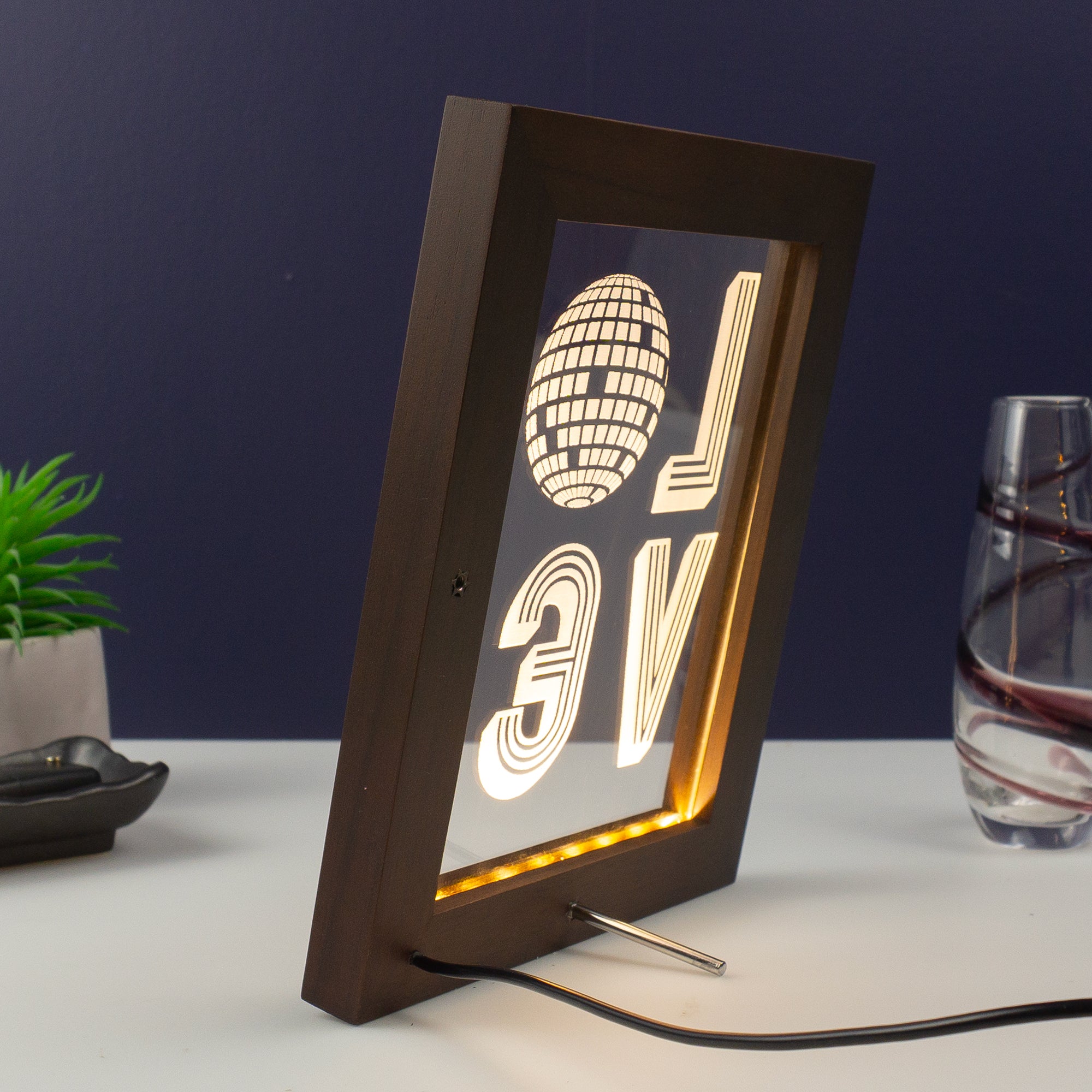 Funny framed artwork LED sign. Mirror disco ball love. Retro typography graphic design art