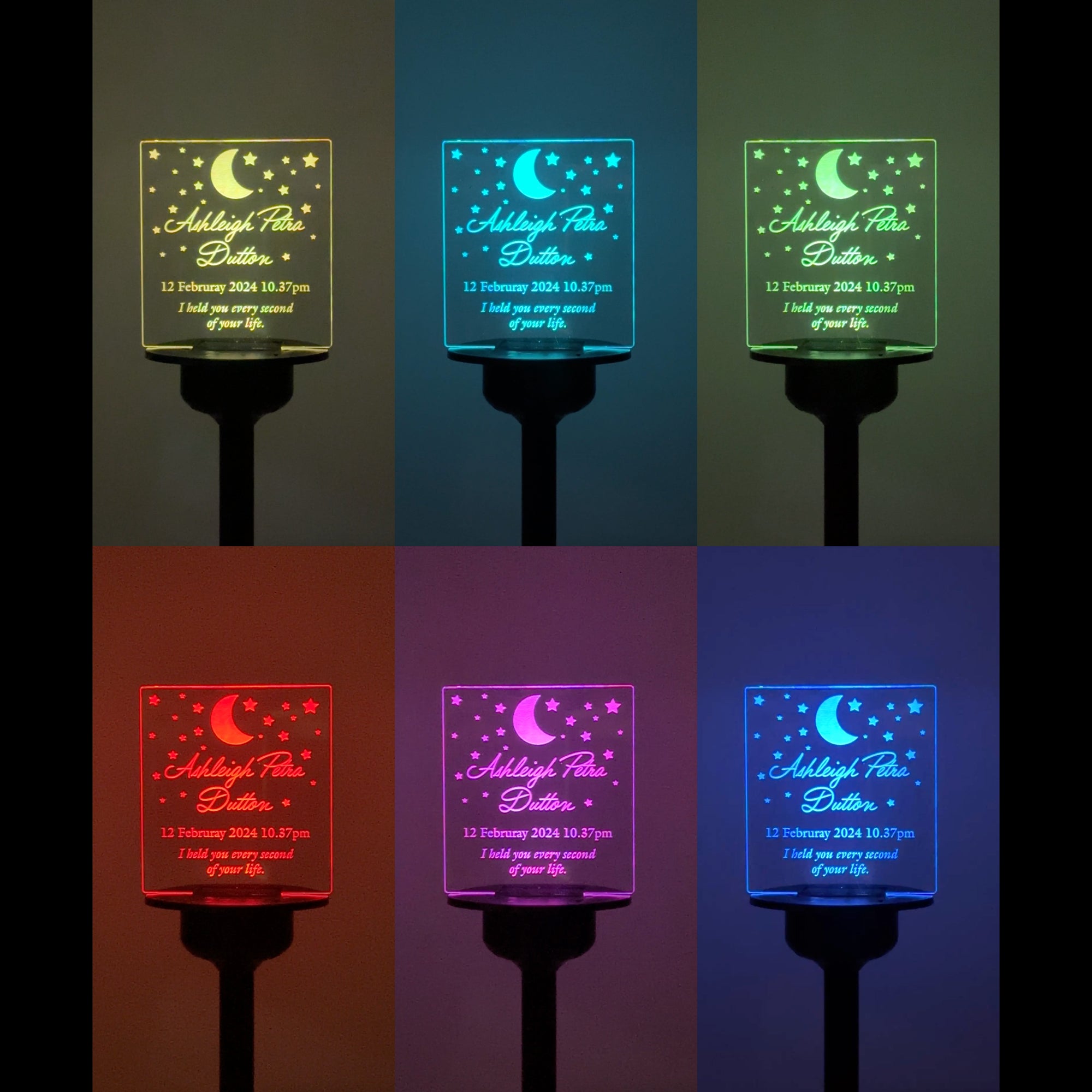 Child loss born sleeping remembrance gift. Solar powered light up outdoor LED sign for memory garden. Graveside cemetery decoration