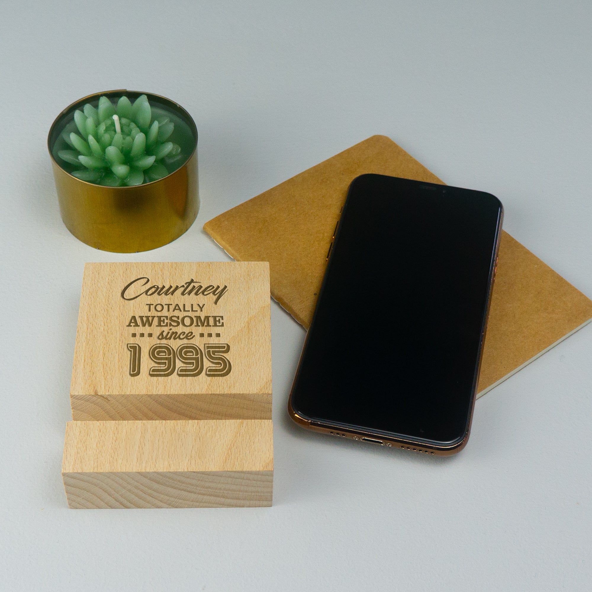 Personalised 30th birthday gift. Wooden smart phone holder cradle