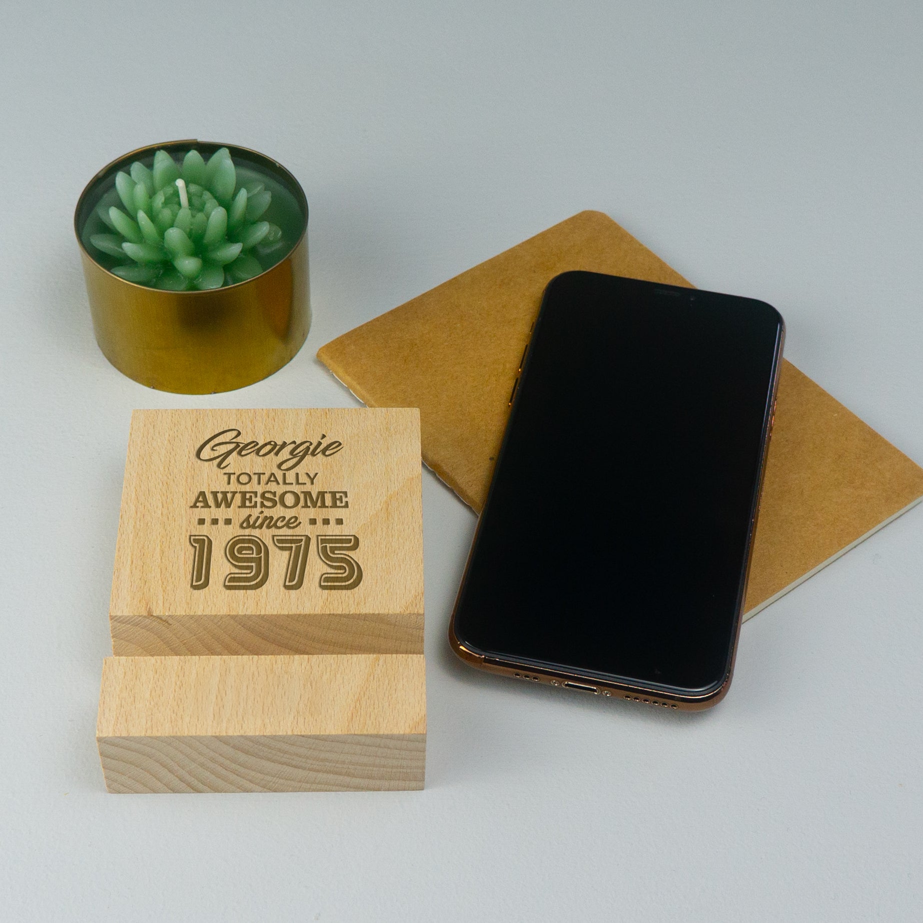 Personalised 50th birthday gift. Wooden smart phone holder cradle