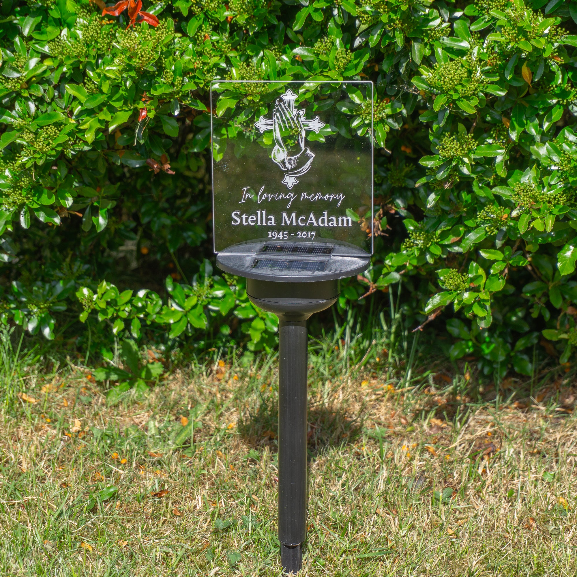 Christian cross memorial plaque Personalised solar powered outdoor LED sign