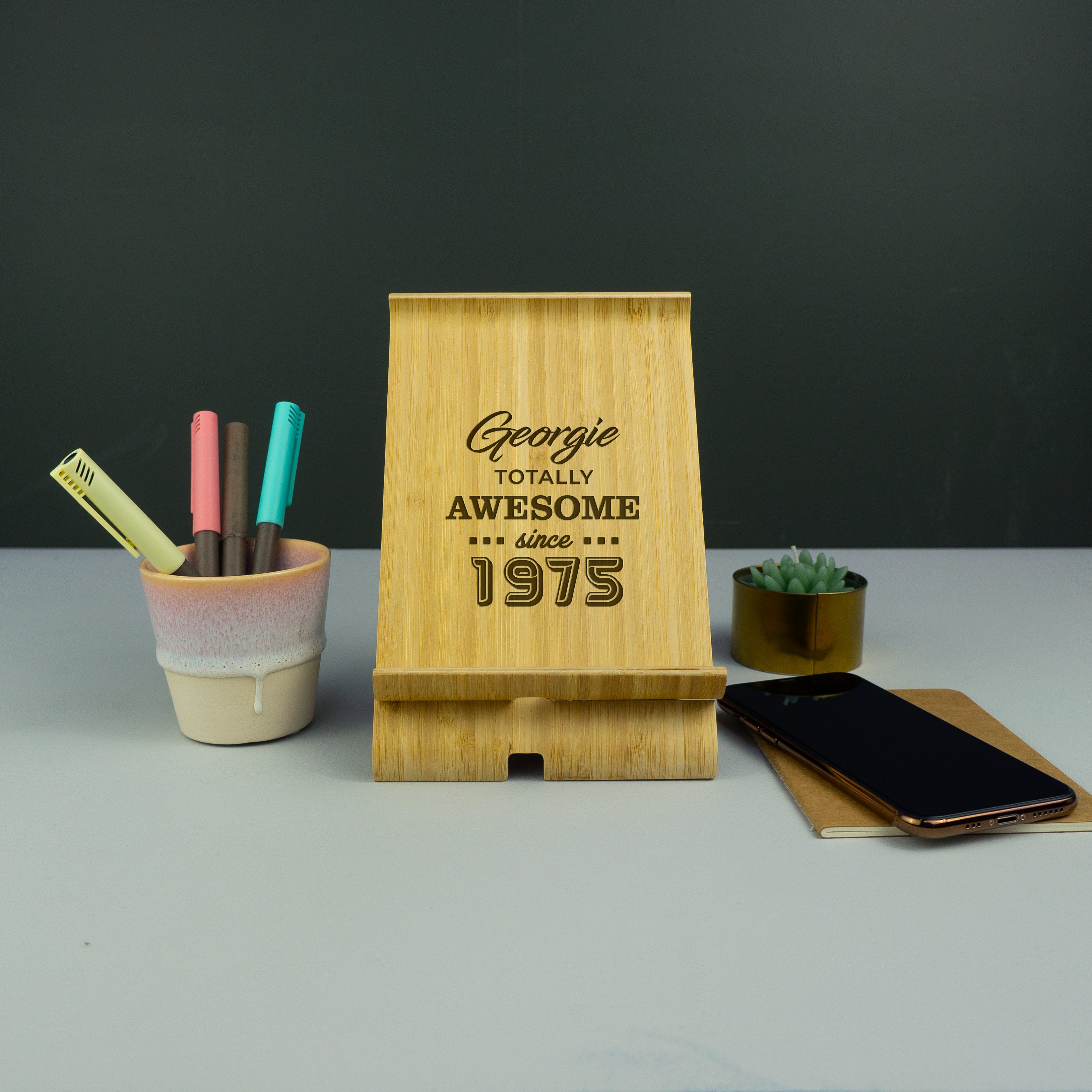 Personalised 50th birthday gift. Wooden smart phone holder cradle