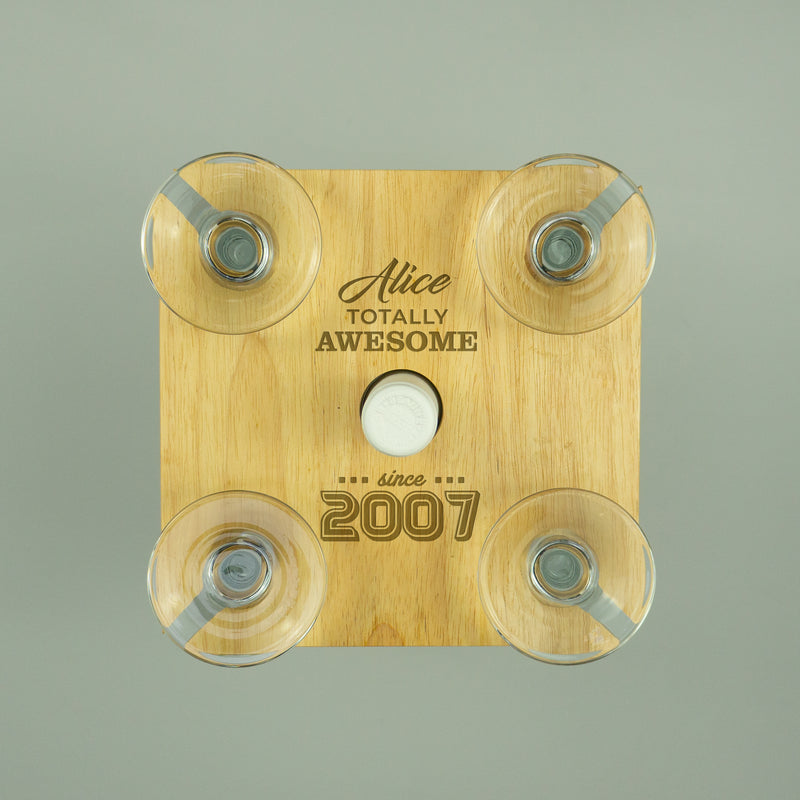 Personalised 18th Birthday present custom engraved quad wine glasses bottle tray holder