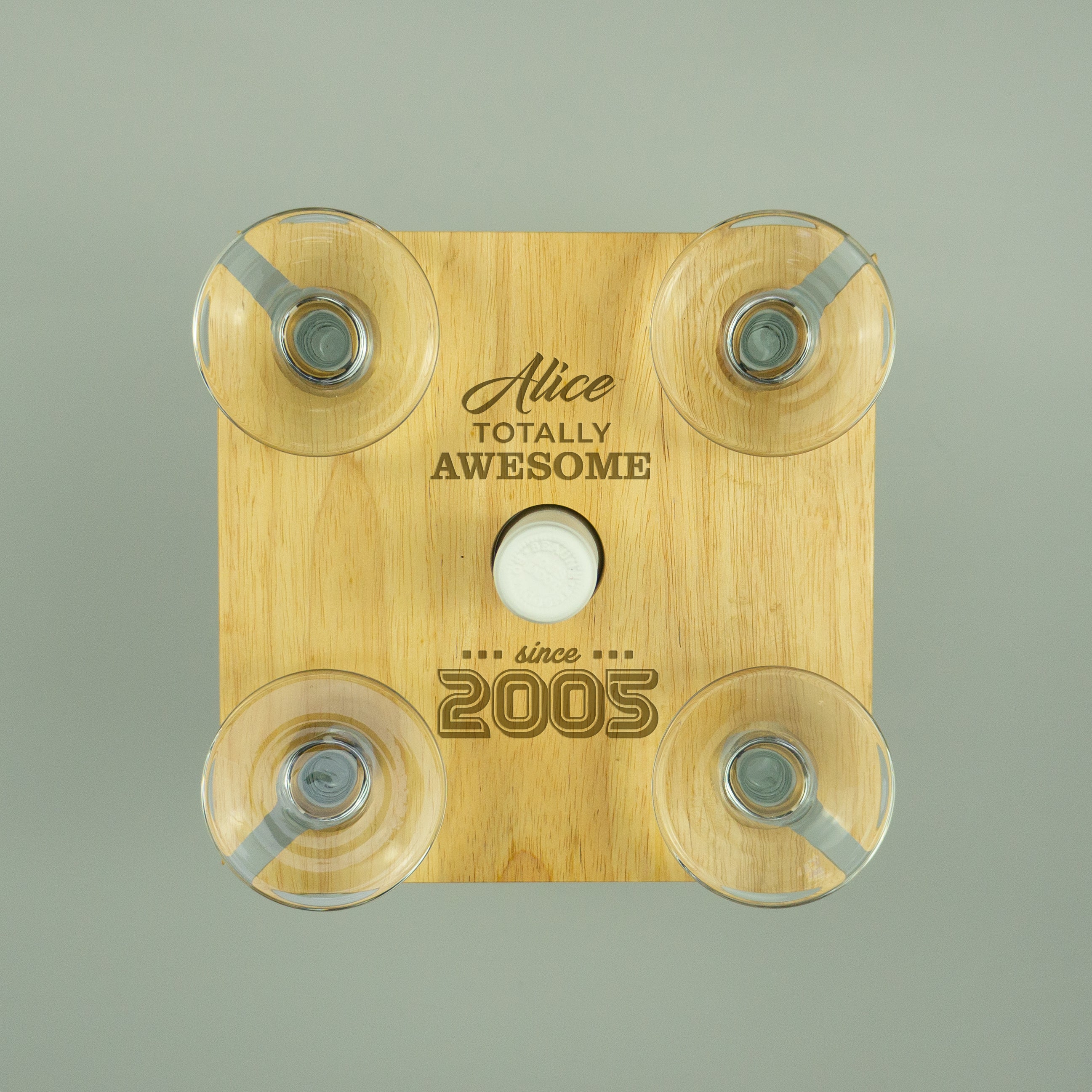 Personalised 20th Birthday present custom engraved quad wine glasses bottle tray holder