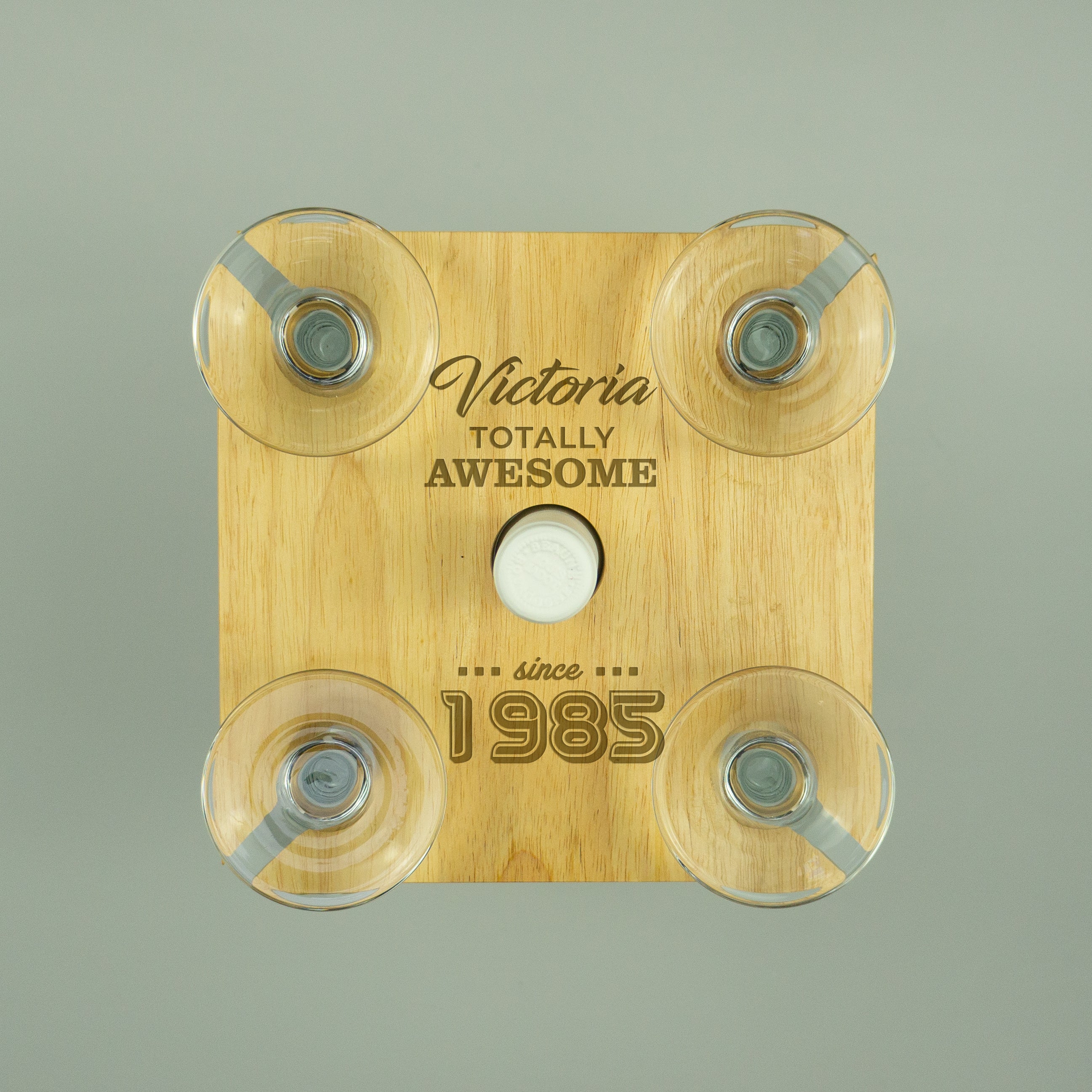 Personalised 40th Birthday present custom engraved quad wine glasses bottle tray holder