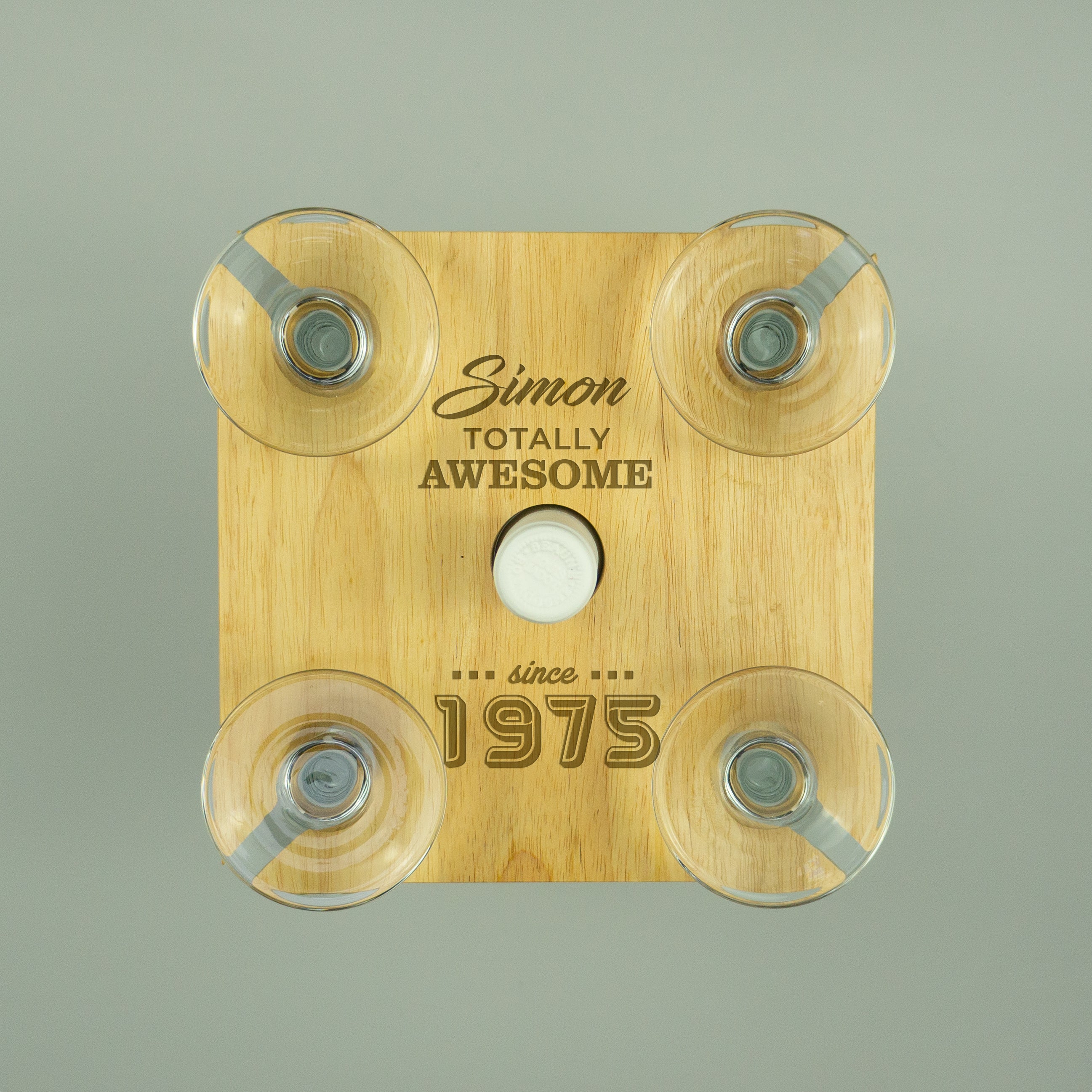 Personalised 50th Birthday present custom engraved quad wine glasses bottle tray holder